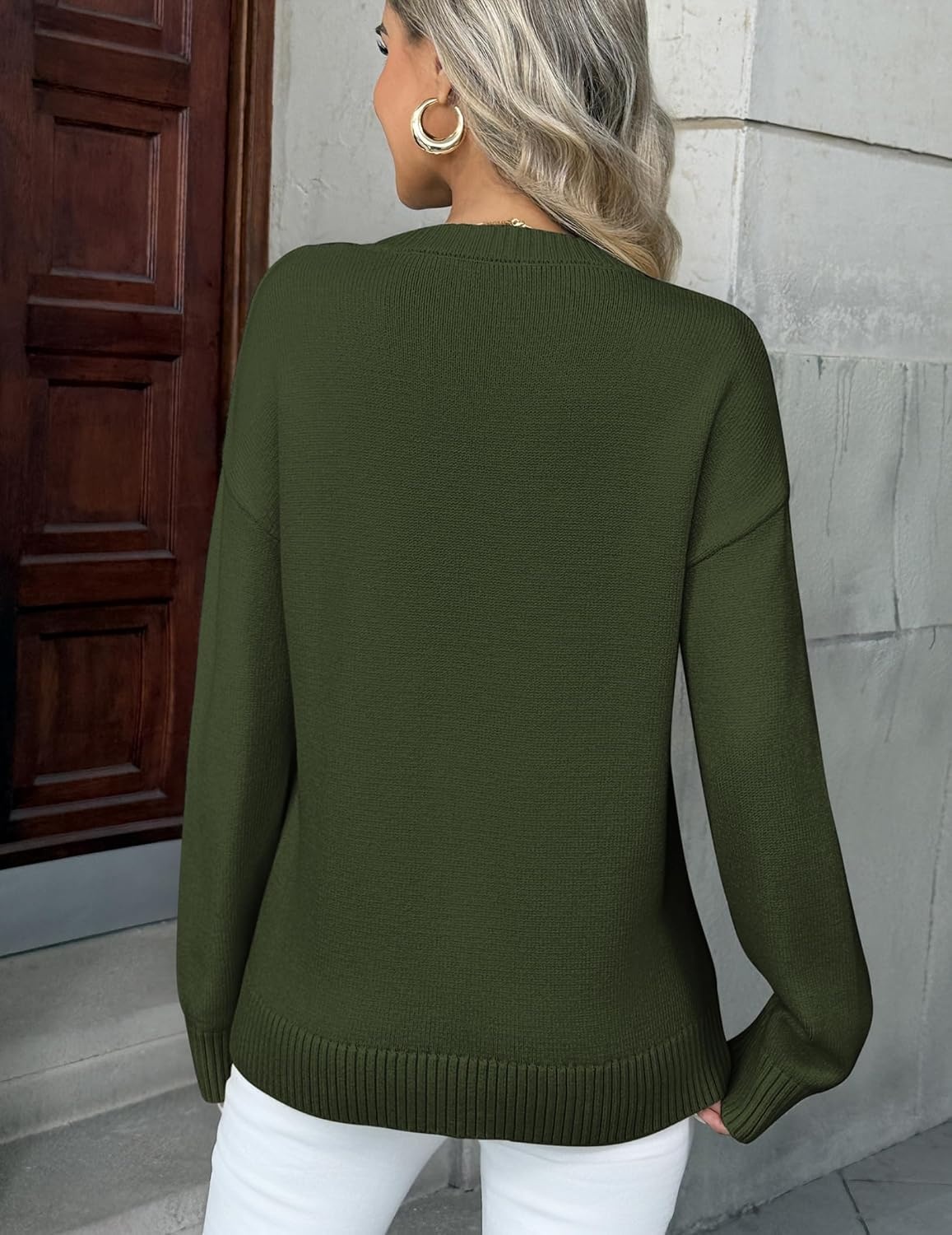 image:imageZeagoo Fall Sweaters for Women 2026 Long Sleeve Crewneck Ribbed Knit Pullover Sweater Loose Fit Basic Jumper TopsA Army Green
