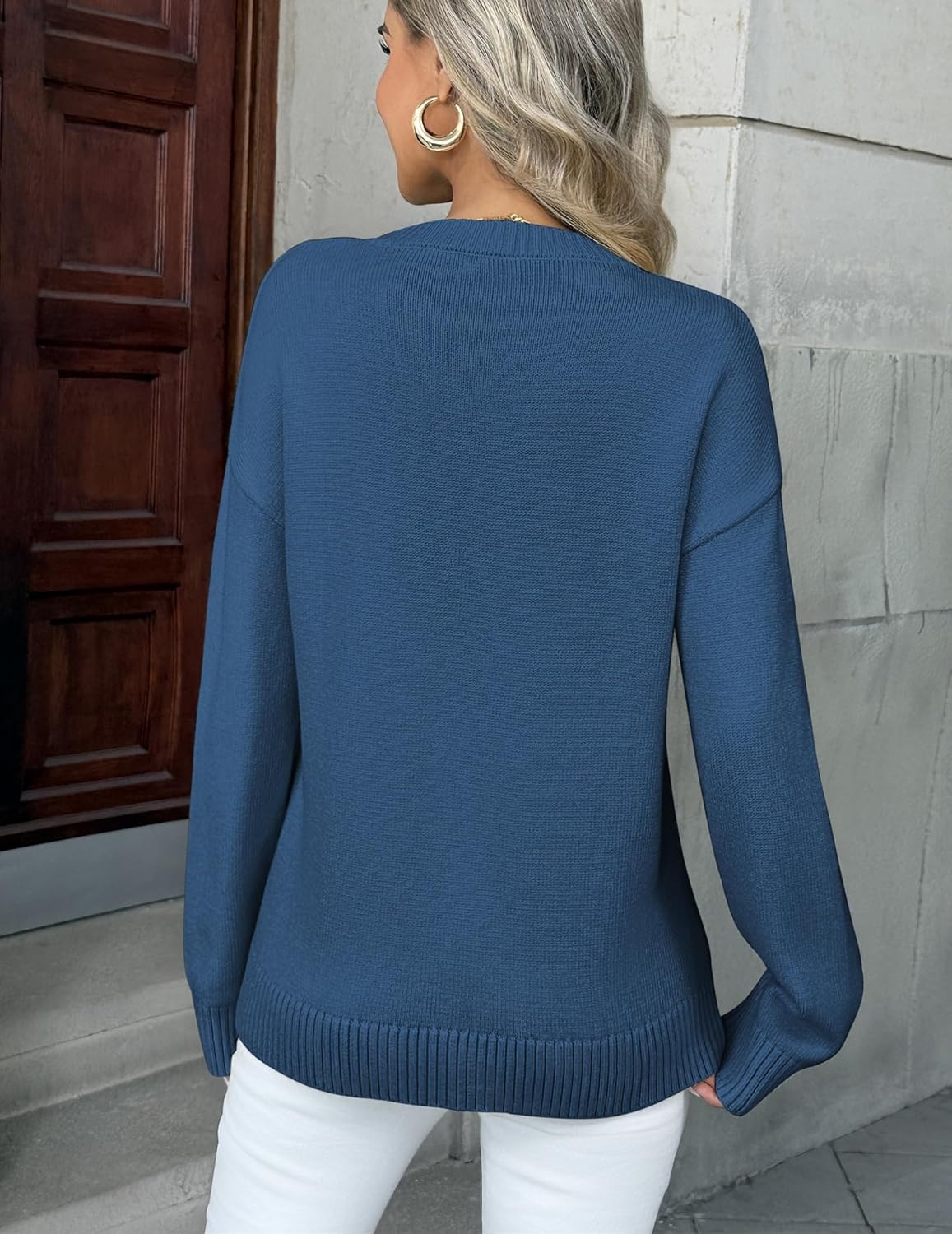 image:imageZeagoo Fall Sweaters for Women 2026 Long Sleeve Crewneck Ribbed Knit Pullover Sweater Loose Fit Basic Jumper TopsA Blue