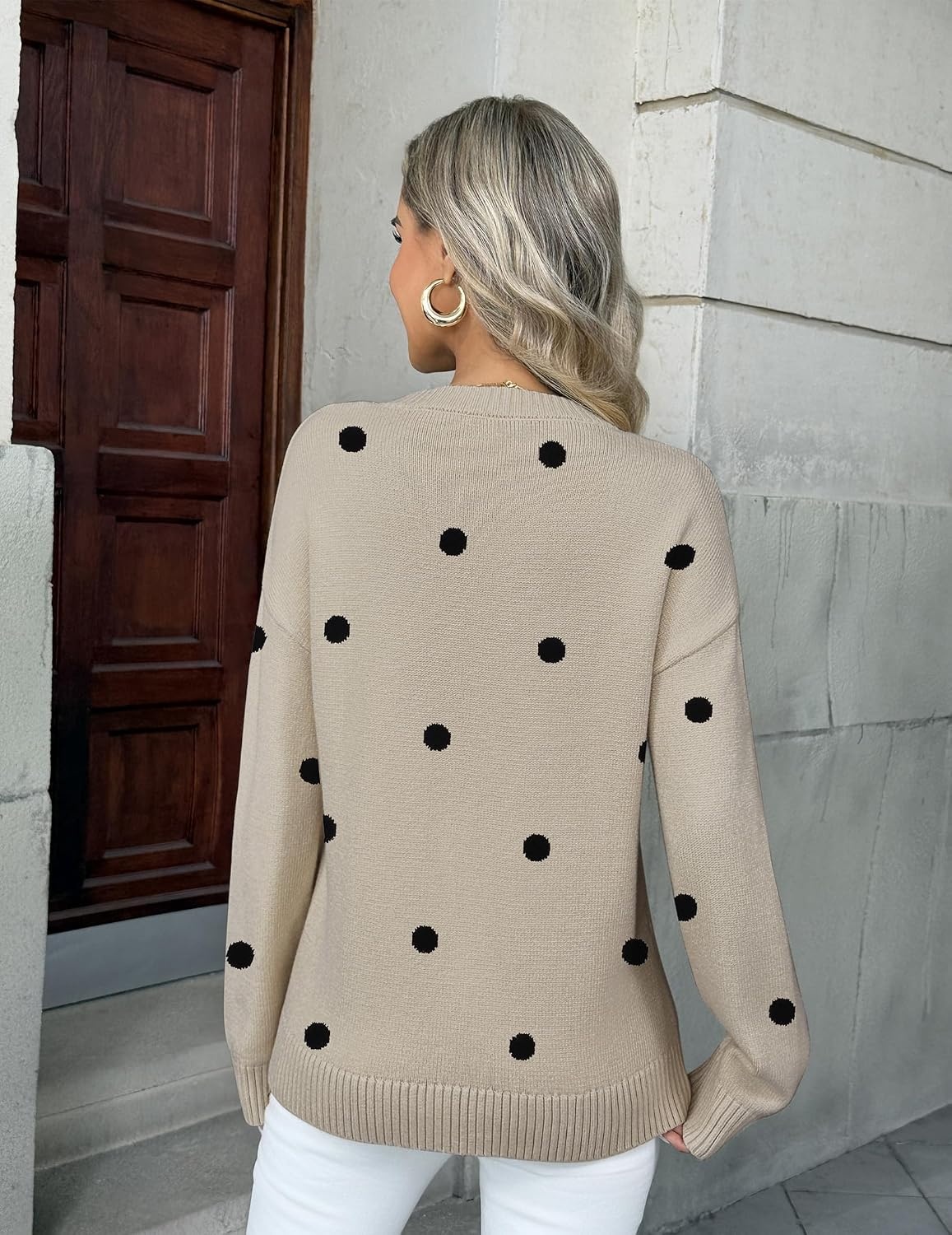 image:imageZeagoo Fall Sweaters for Women 2026 Long Sleeve Crewneck Ribbed Knit Pullover Sweater Loose Fit Basic Jumper TopsA Polka Dotkhaki