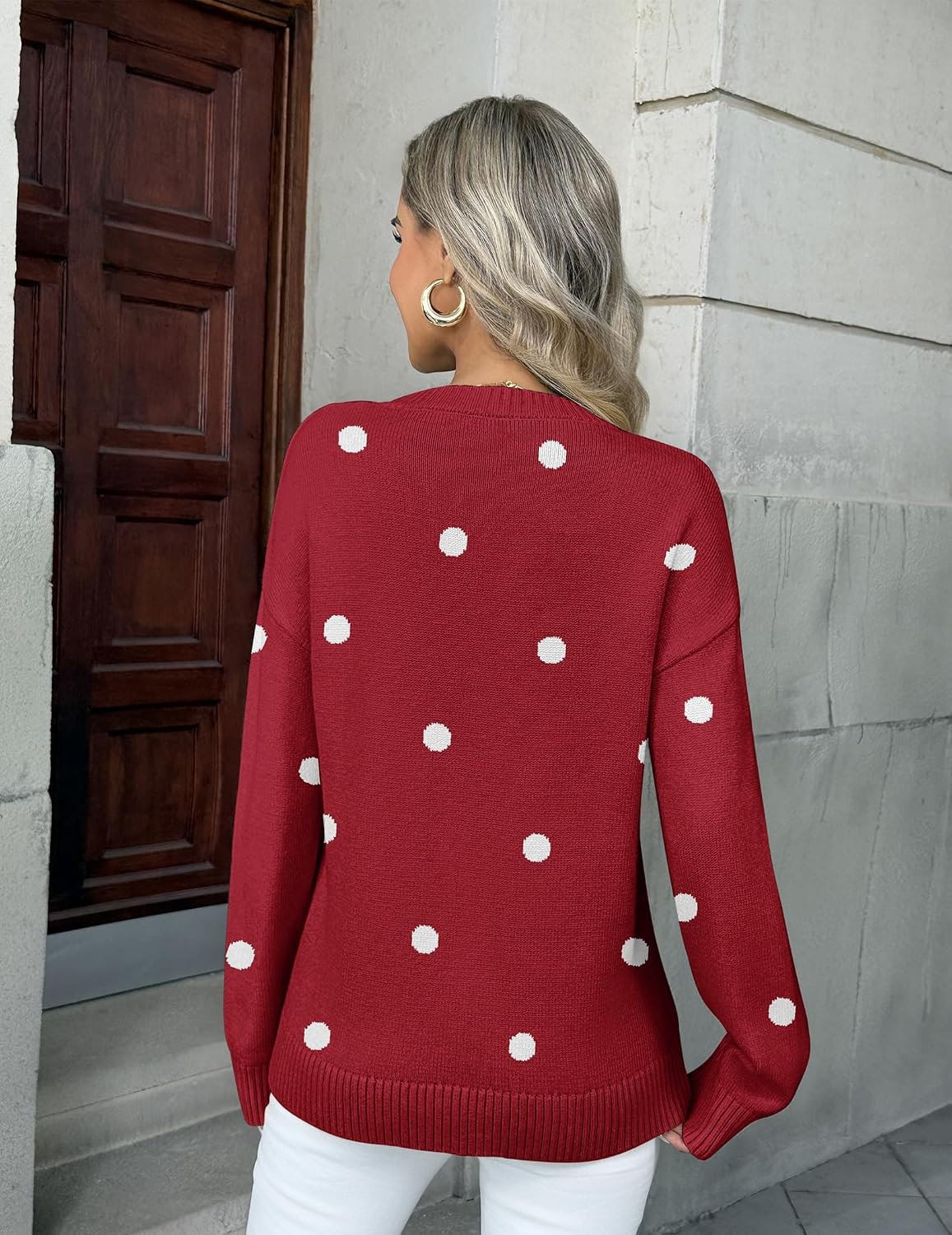image:imageZeagoo Fall Sweaters for Women 2026 Long Sleeve Crewneck Ribbed Knit Pullover Sweater Loose Fit Basic Jumper TopsA Polka Dotred