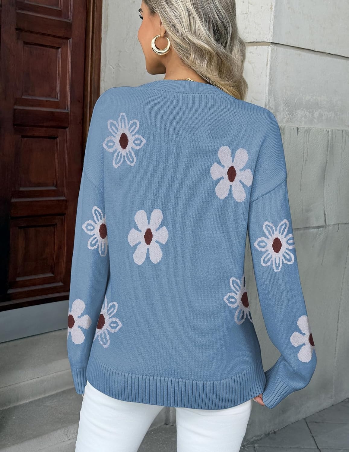image:imageZeagoo Fall Sweaters for Women 2026 Long Sleeve Crewneck Ribbed Knit Pullover Sweater Loose Fit Basic Jumper TopsFlower193