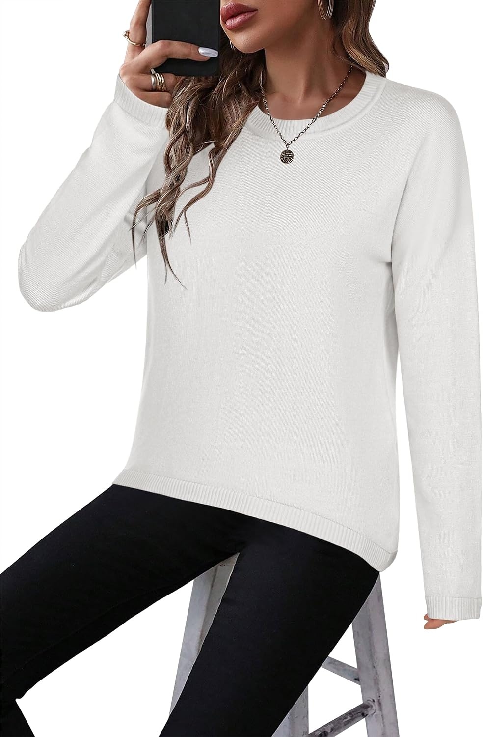 image:imageZeagoo Sweaters for Women Fall Outfits Trendy 2026 Long Sleeve Shirts Bussiness Casual Knit Pullover Sweater TopsBsolid White Long Sleeve