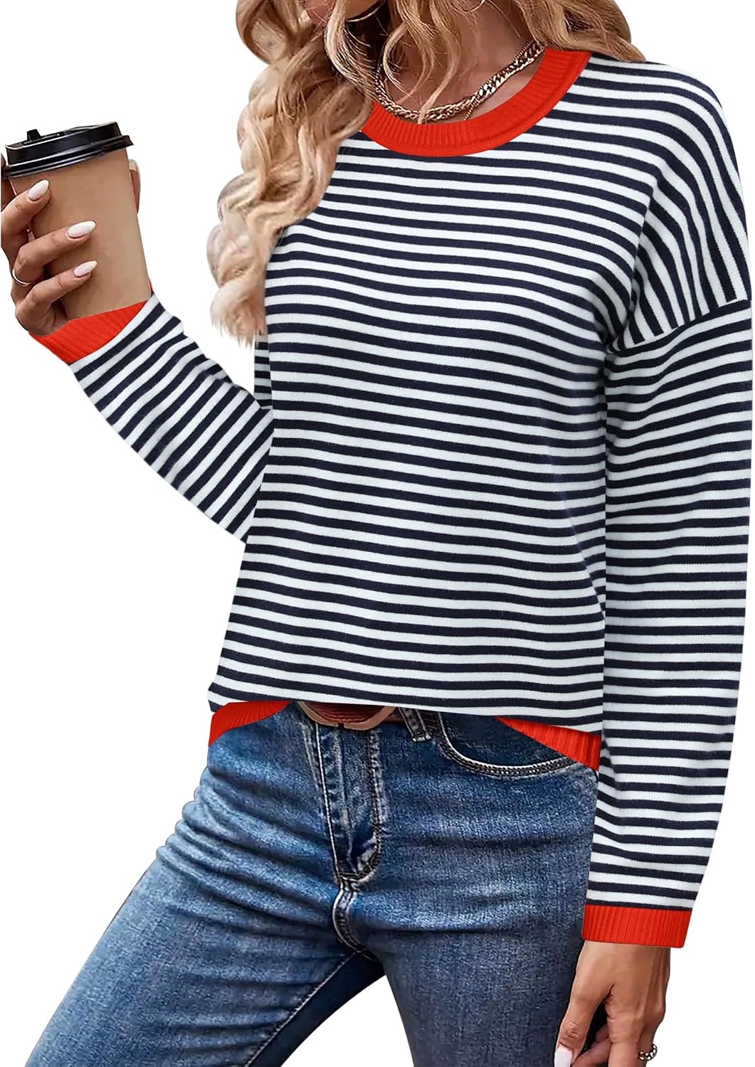 image:imageZeagoo Sweaters for Women Fall Outfits Trendy 2026 Long Sleeve Shirts Bussiness Casual Knit Pullover Sweater TopsBstriped Blue