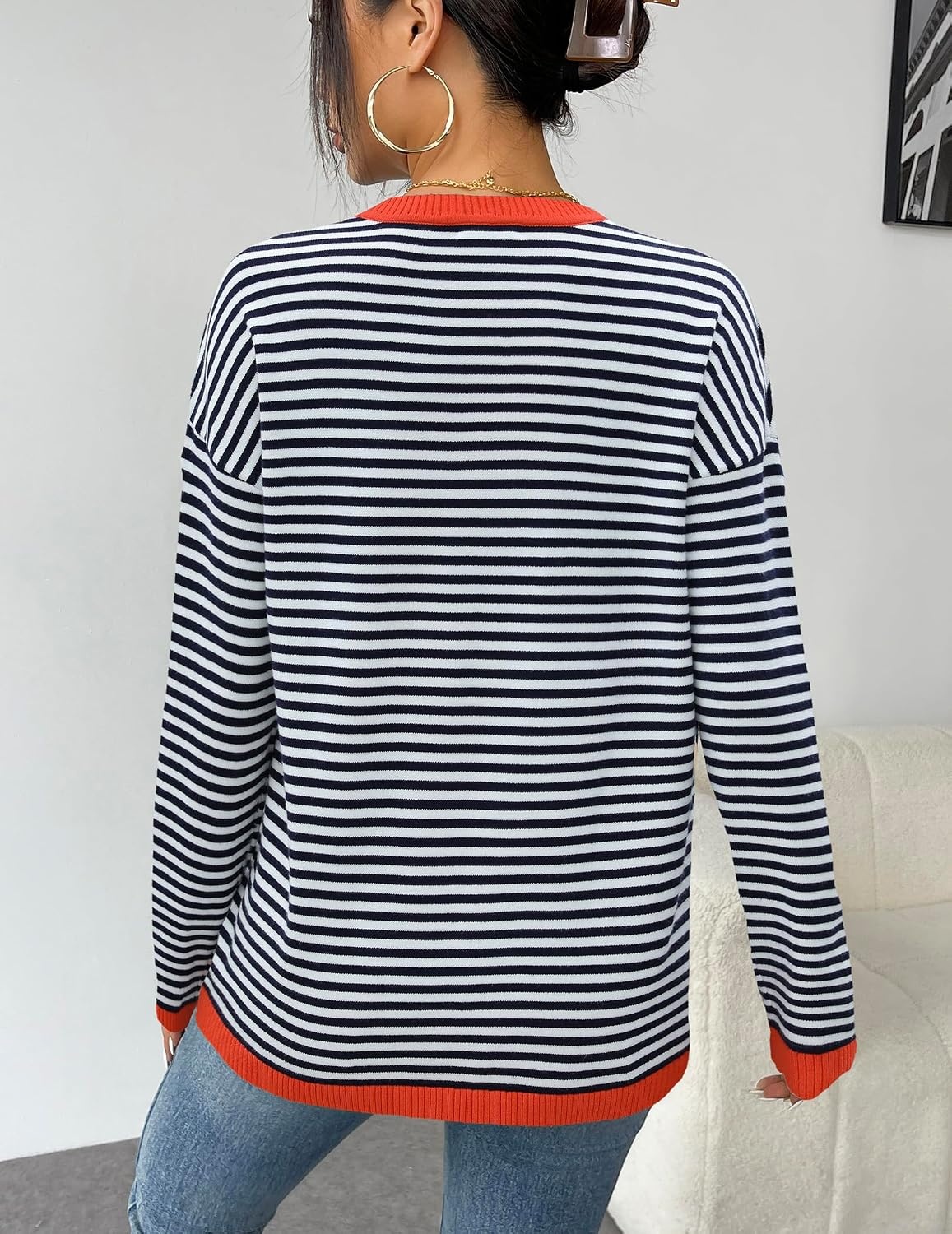 image:imageZeagoo Sweaters for Women Fall Outfits Trendy 2026 Long Sleeve Shirts Bussiness Casual Knit Pullover Sweater TopsBstriped Blue