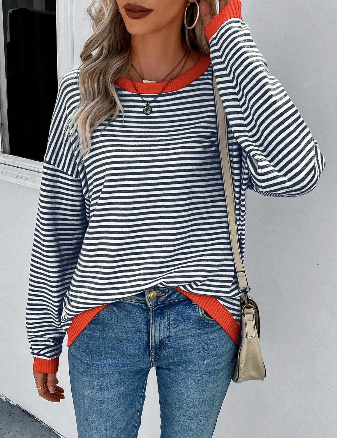 image:imageZeagoo Sweaters for Women Fall Outfits Trendy 2026 Long Sleeve Shirts Bussiness Casual Knit Pullover Sweater TopsBstriped Blue