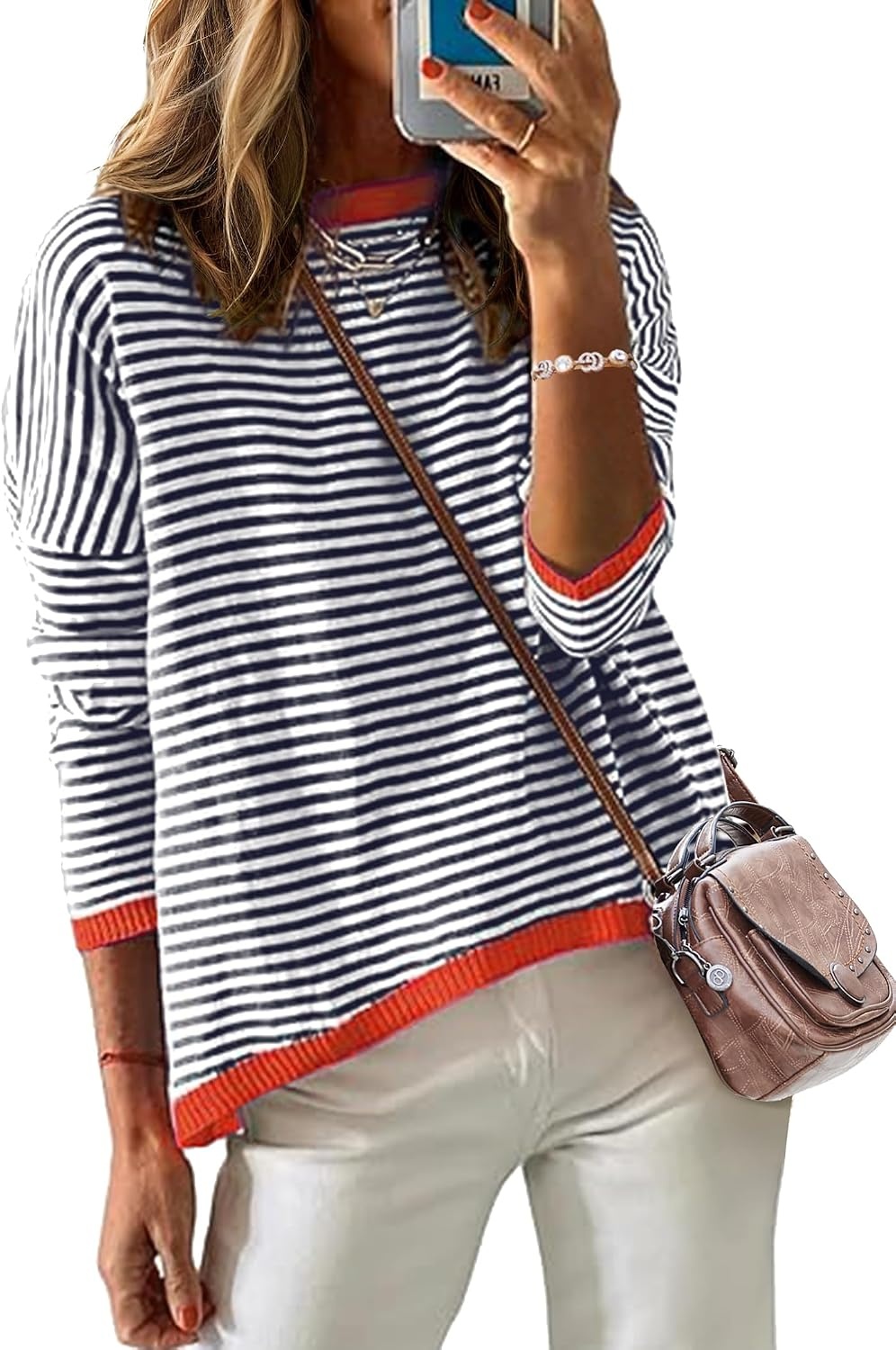 image:imageZeagoo Sweaters for Women Fall Outfits Trendy 2026 Long Sleeve Shirts Bussiness Casual Knit Pullover Sweater TopsBstriped Blue