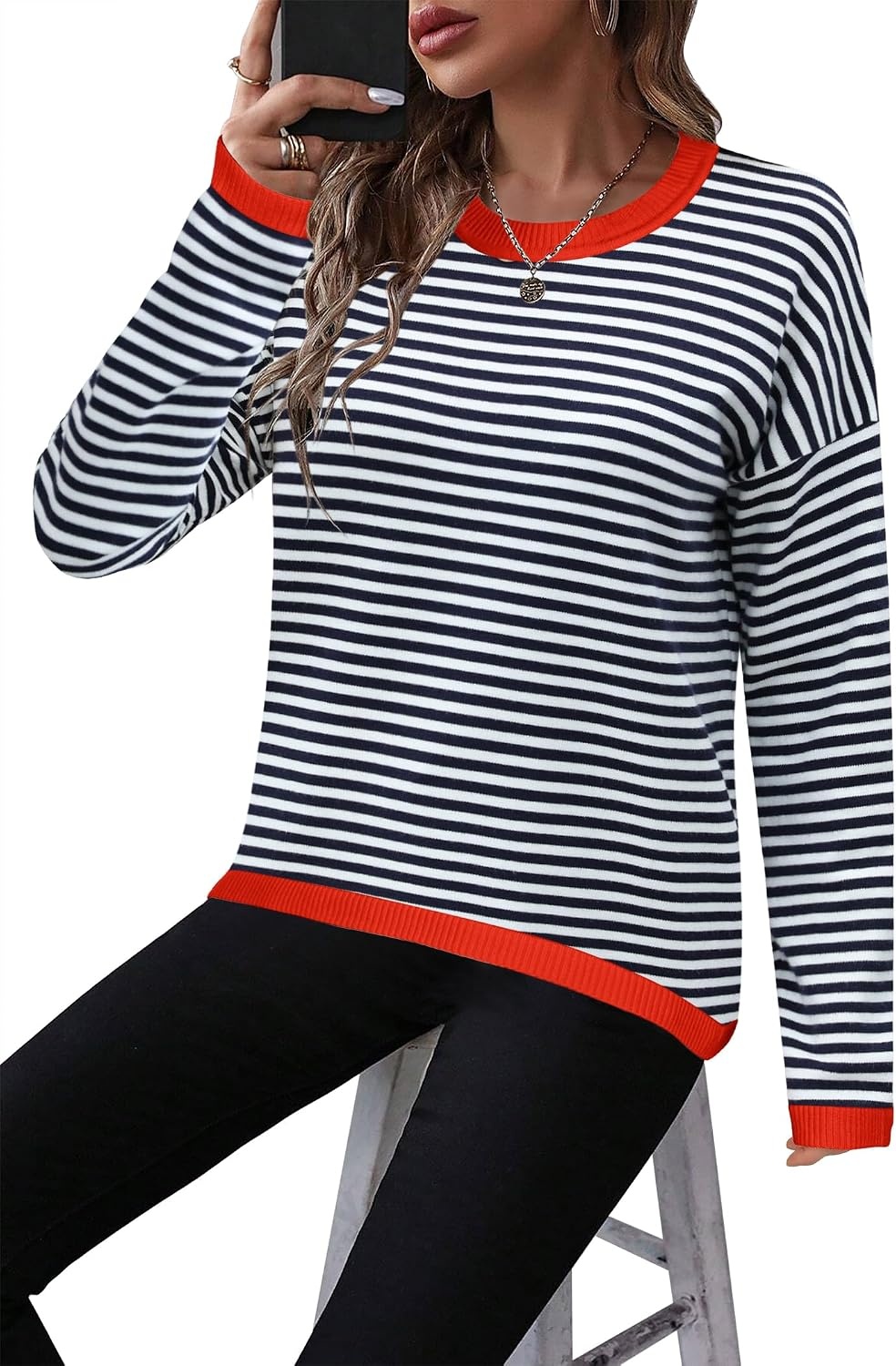 image:imageZeagoo Sweaters for Women Fall Outfits Trendy 2026 Long Sleeve Shirts Bussiness Casual Knit Pullover Sweater TopsBstriped Blue