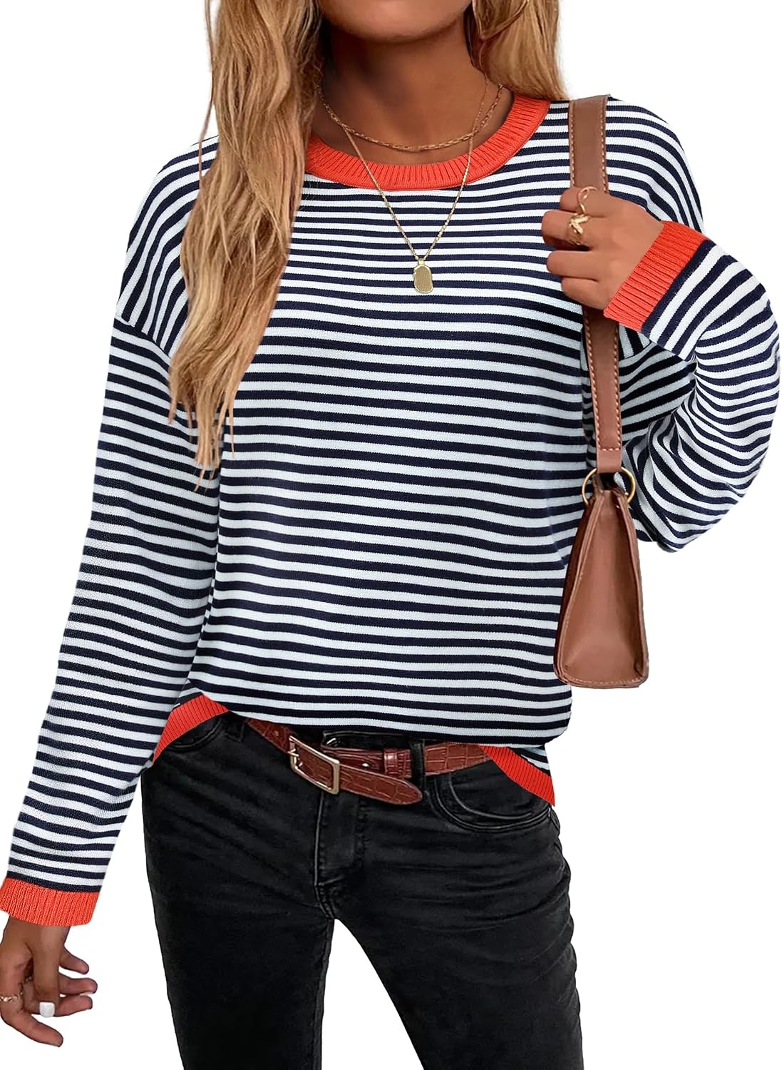 image:imageZeagoo Sweaters for Women Fall Outfits Trendy 2026 Long Sleeve Shirts Bussiness Casual Knit Pullover Sweater TopsBstriped Blue