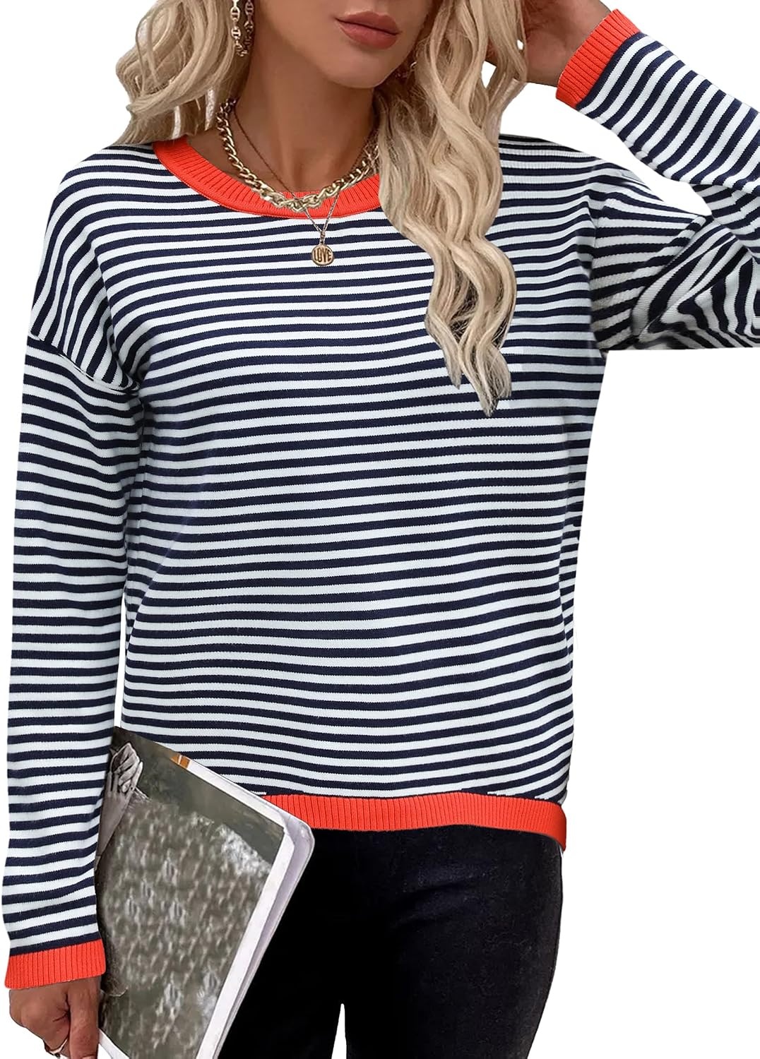 image:imageZeagoo Sweaters for Women Fall Outfits Trendy 2026 Long Sleeve Shirts Bussiness Casual Knit Pullover Sweater TopsBstriped Blue