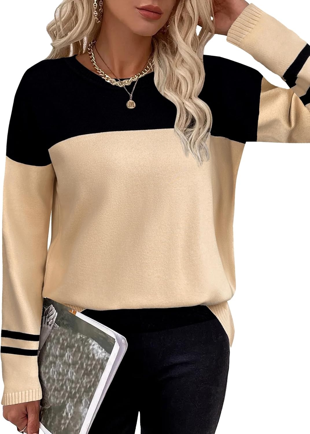 image:imageZeagoo Sweaters for Women Fall Outfits Trendy 2026 Long Sleeve Shirts Bussiness Casual Knit Pullover Sweater TopsColor Block 4 Black