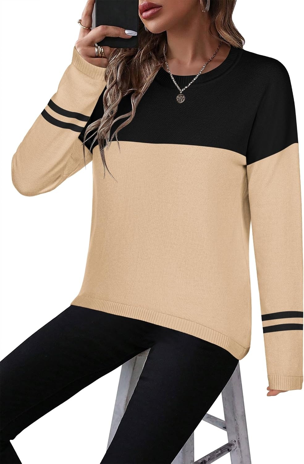image:imageZeagoo Sweaters for Women Fall Outfits Trendy 2026 Long Sleeve Shirts Bussiness Casual Knit Pullover Sweater TopsColor Block 4 Black
