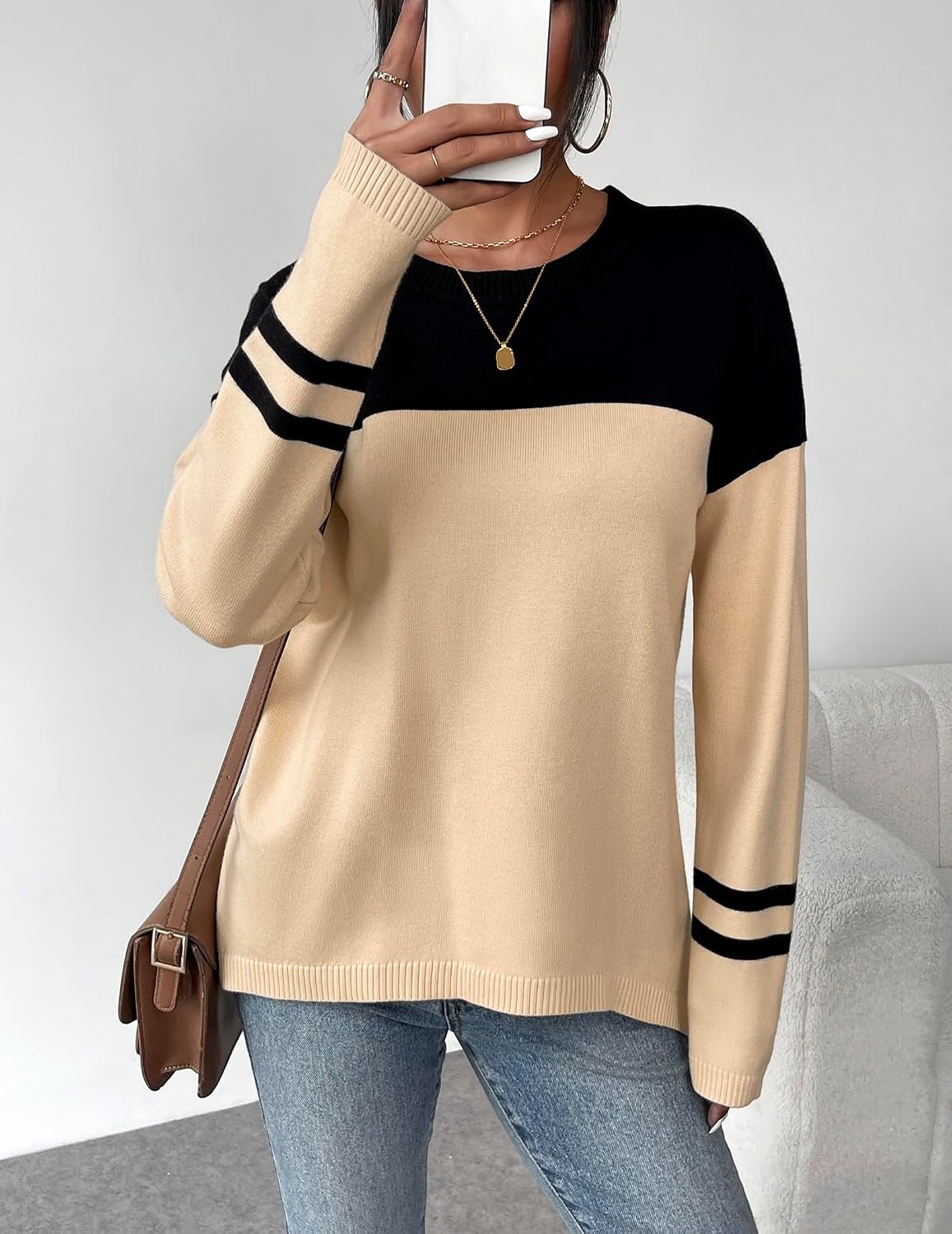 image:imageZeagoo Sweaters for Women Fall Outfits Trendy 2026 Long Sleeve Shirts Bussiness Casual Knit Pullover Sweater TopsColor Block 4 Black