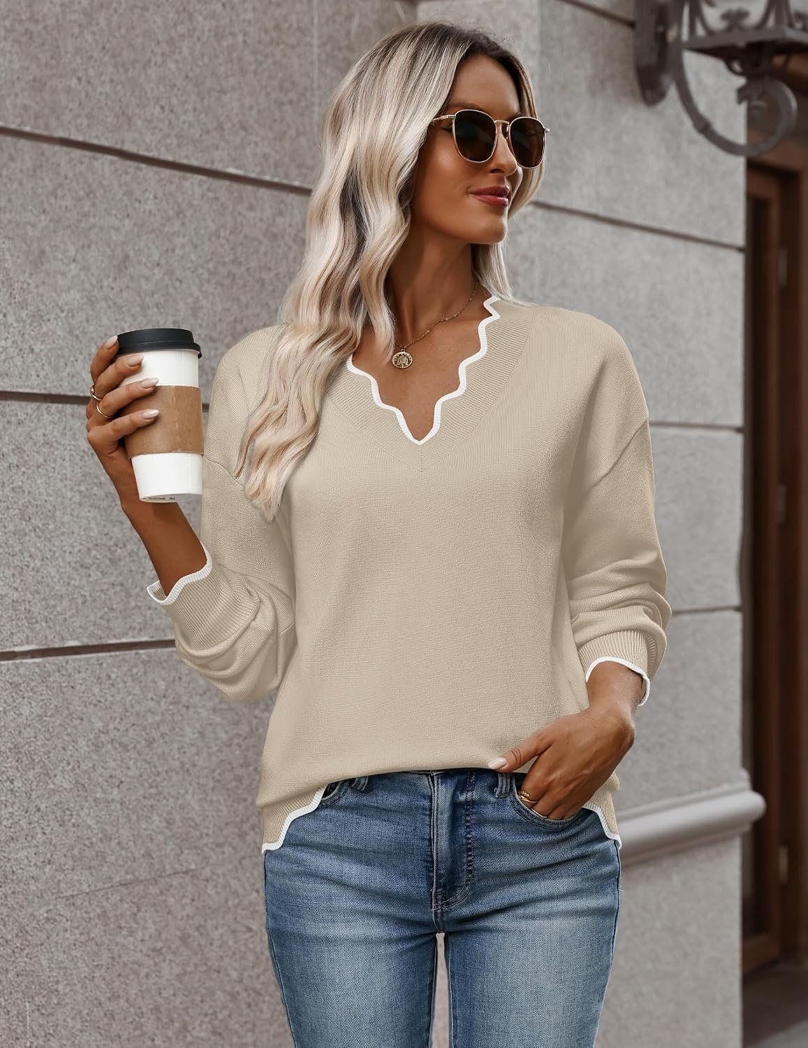 image:imageZeagoo Womens 2026 Fall V Neck Sweater Long Sleeve Lightweight Knit TopsBeige