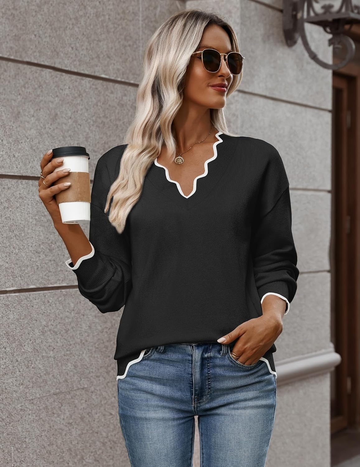 image:imageZeagoo Womens 2026 Fall V Neck Sweater Long Sleeve Lightweight Knit TopsBlack
