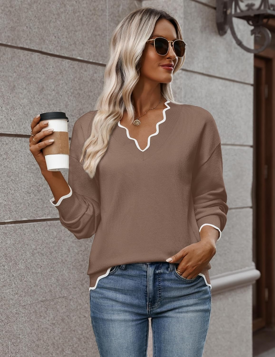 image:imageZeagoo Womens 2026 Fall V Neck Sweater Long Sleeve Lightweight Knit TopsBrown