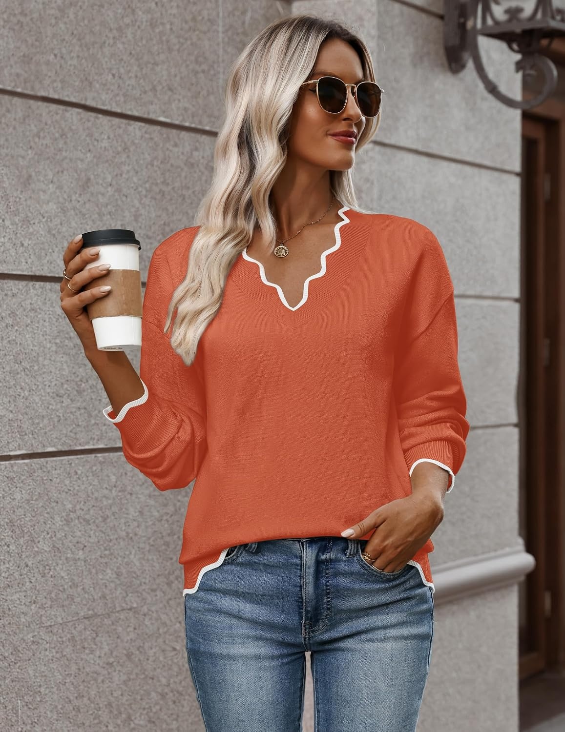 image:imageZeagoo Womens 2026 Fall V Neck Sweater Long Sleeve Lightweight Knit TopsCaramel