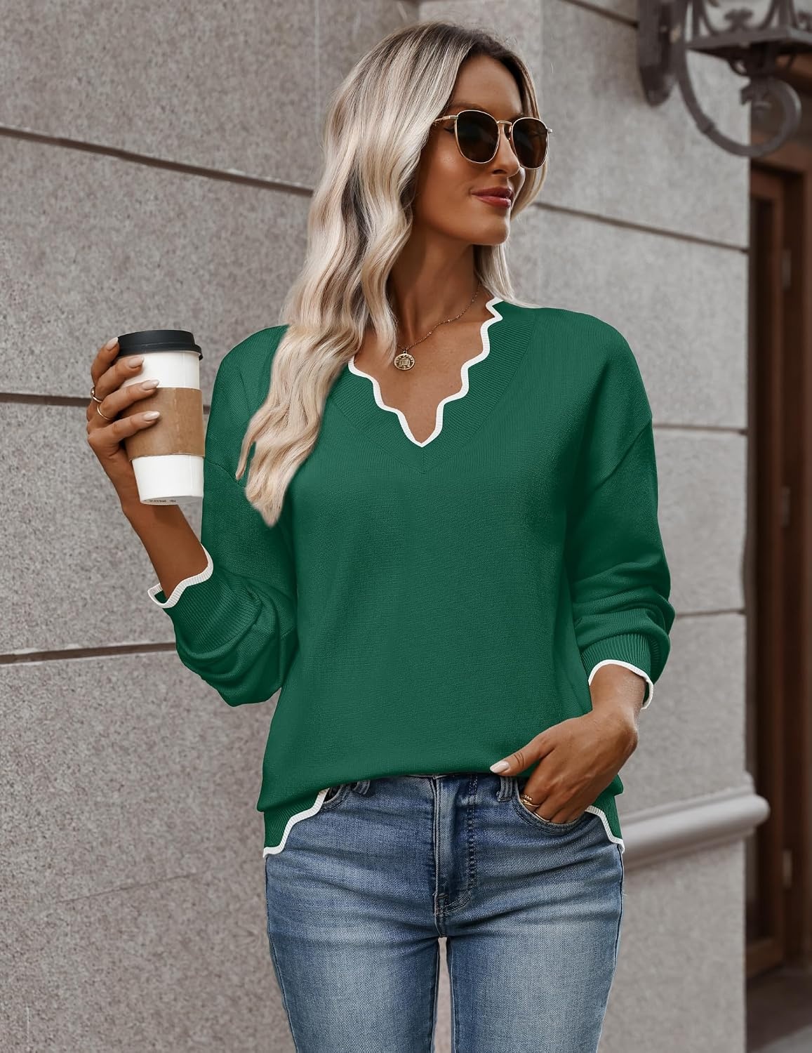 image:imageZeagoo Womens 2026 Fall V Neck Sweater Long Sleeve Lightweight Knit TopsDark Green