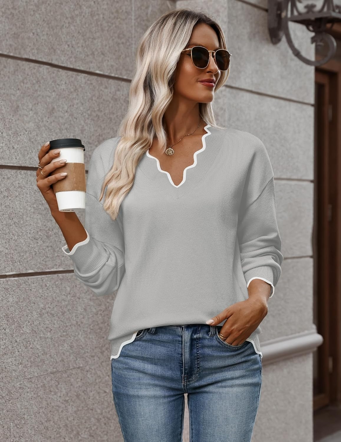 image:imageZeagoo Womens 2026 Fall V Neck Sweater Long Sleeve Lightweight Knit TopsGrey