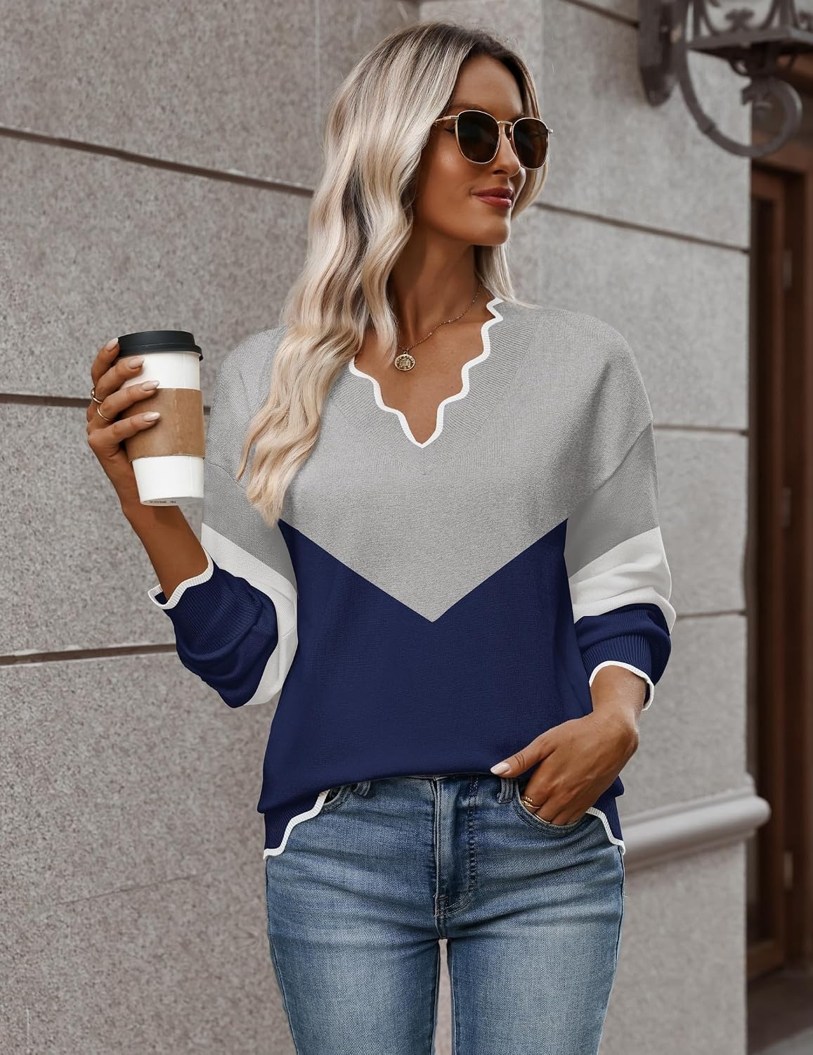 image:imageZeagoo Womens 2026 Fall V Neck Sweater Long Sleeve Lightweight Knit TopsY Grey Navy