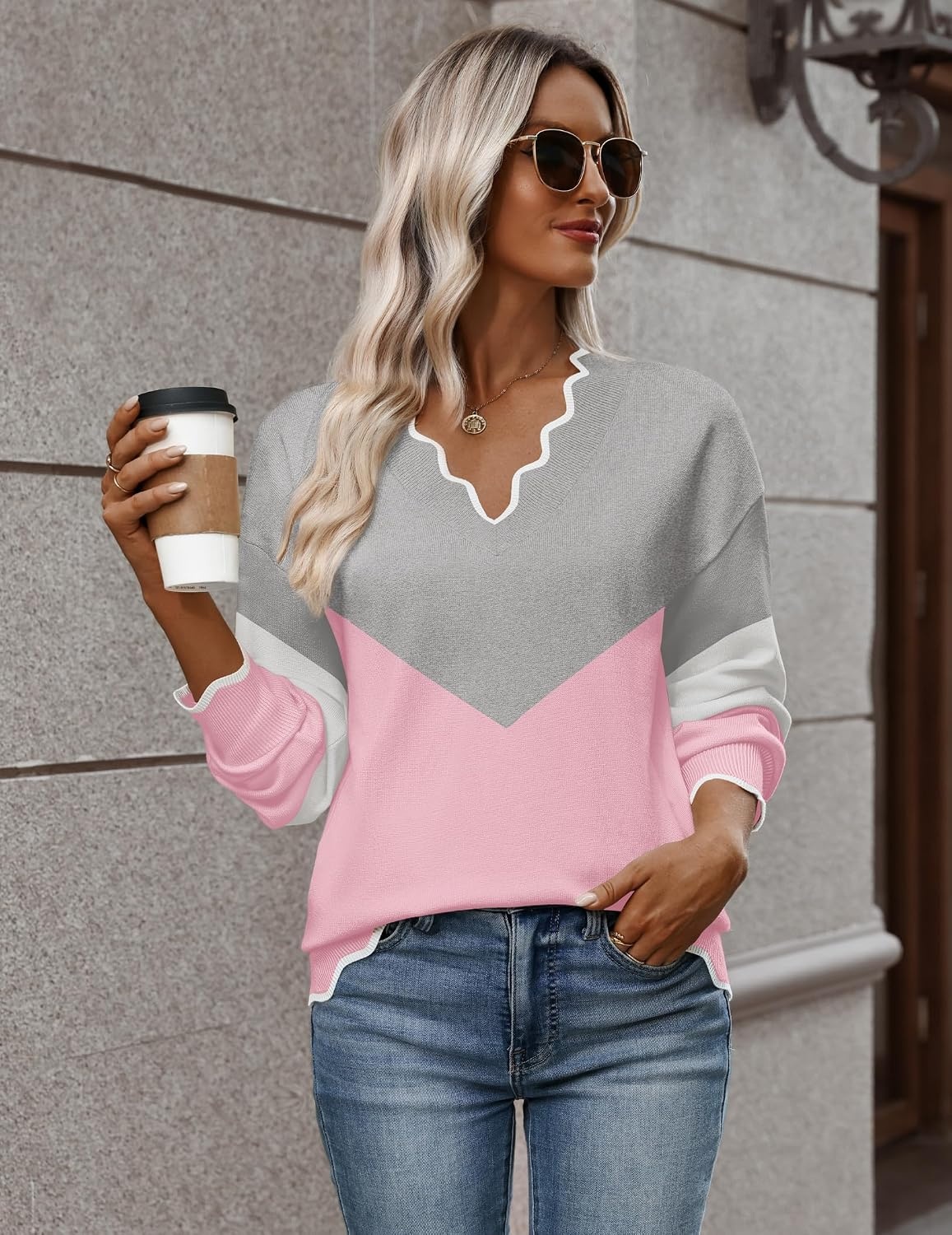 image:imageZeagoo Womens 2026 Fall V Neck Sweater Long Sleeve Lightweight Knit TopsY Grey Pink