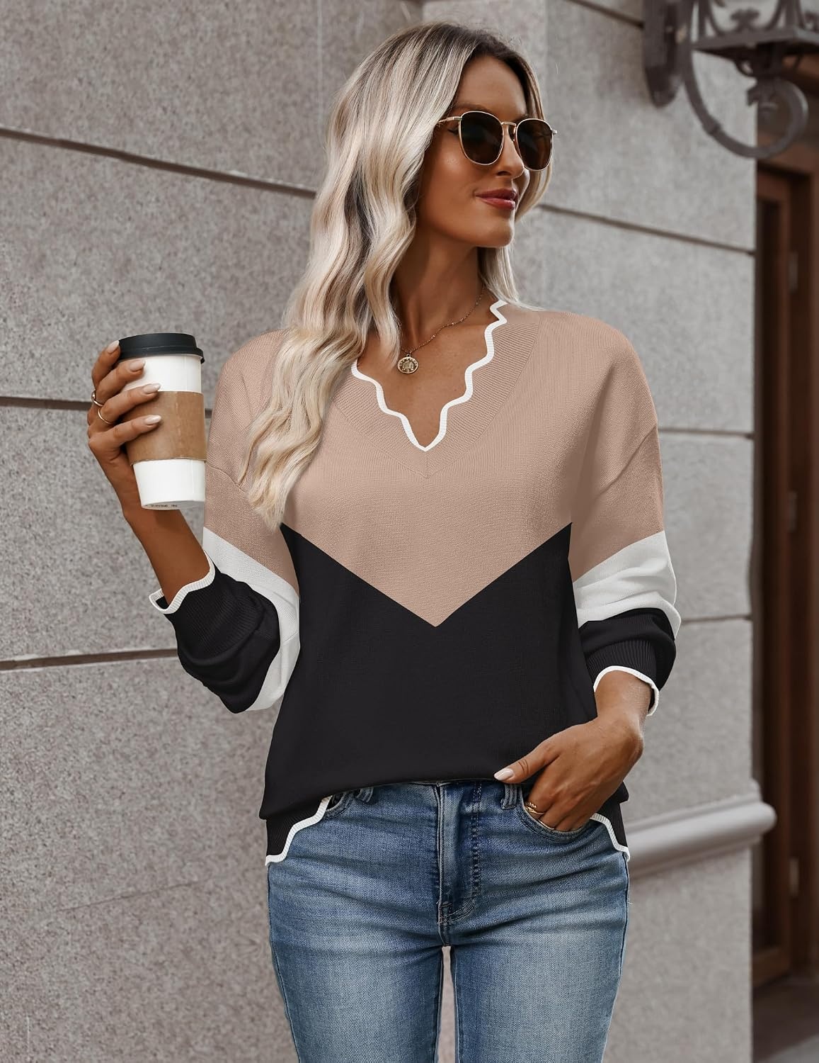 image:imageZeagoo Womens 2026 Fall V Neck Sweater Long Sleeve Lightweight Knit TopsY Khaki Black