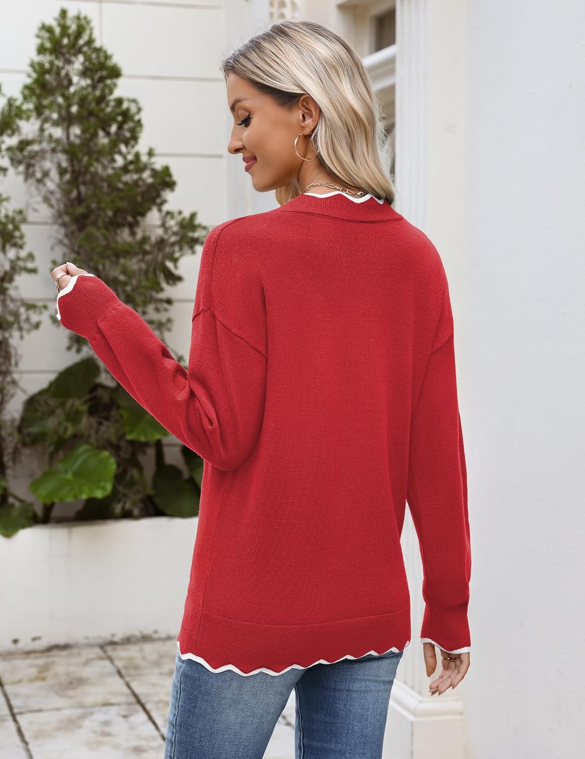 image:imageZeagoo Womens 2026 Fall V Neck Sweater Long Sleeve Lightweight Knit TopsZ Snowflakes