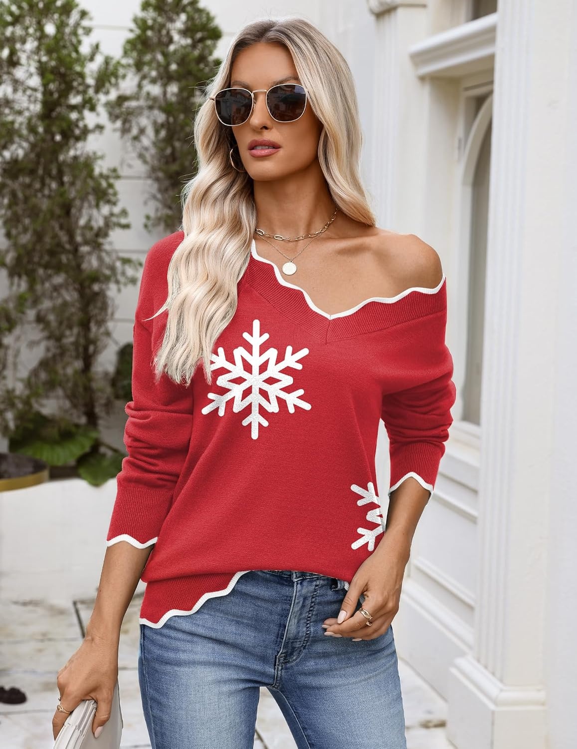 image:imageZeagoo Womens 2026 Fall V Neck Sweater Long Sleeve Lightweight Knit TopsZ Snowflakes