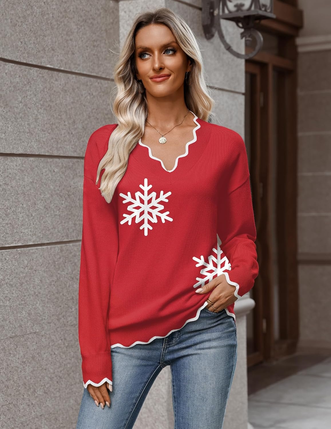 image:imageZeagoo Womens 2026 Fall V Neck Sweater Long Sleeve Lightweight Knit TopsZ Snowflakes