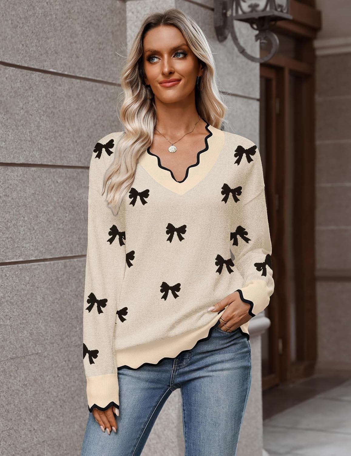 image:imageZeagoo Womens 2026 Fall V Neck Sweater Long Sleeve Lightweight Knit TopsZ Bow Black