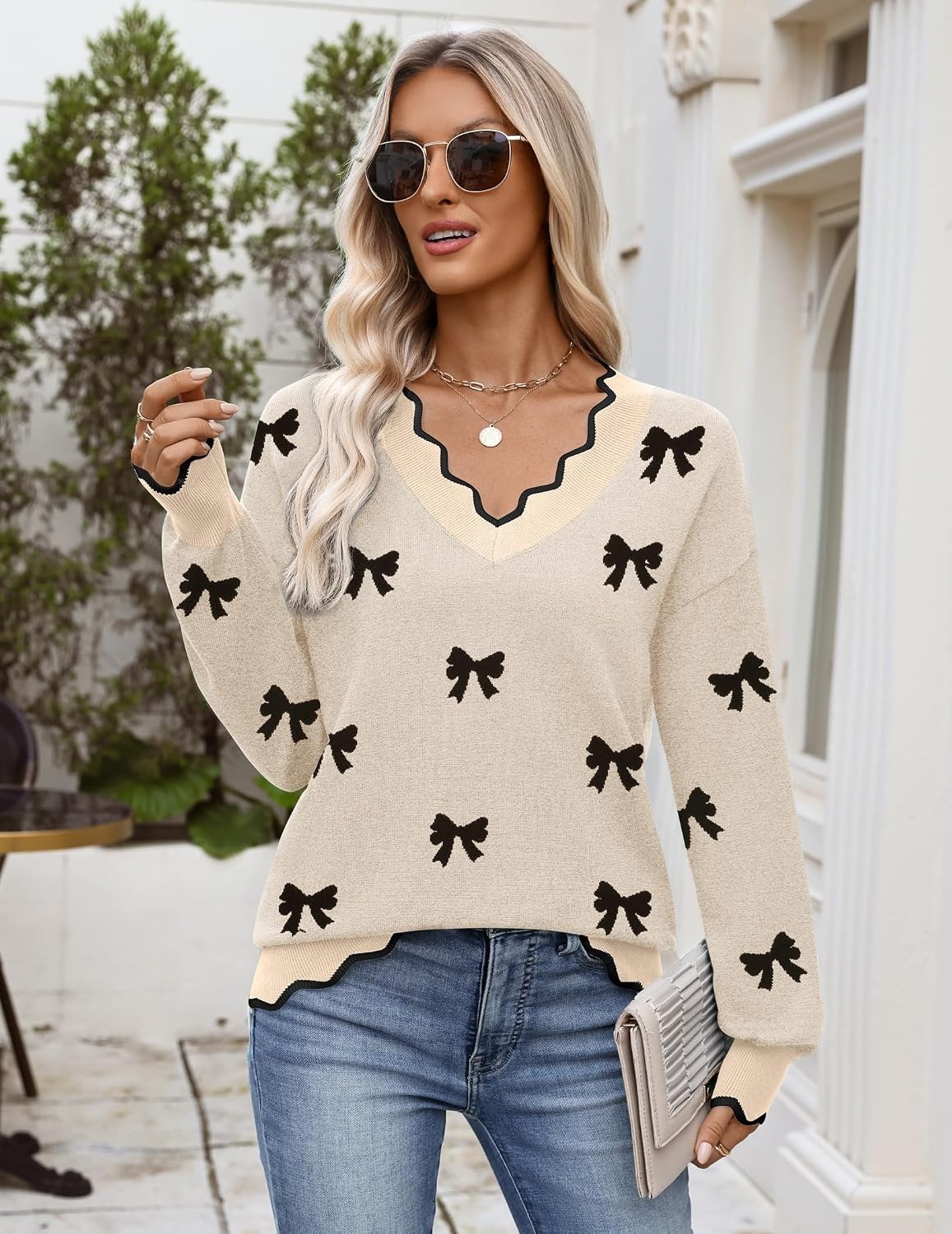 image:imageZeagoo Womens 2026 Fall V Neck Sweater Long Sleeve Lightweight Knit TopsZ Bow Black