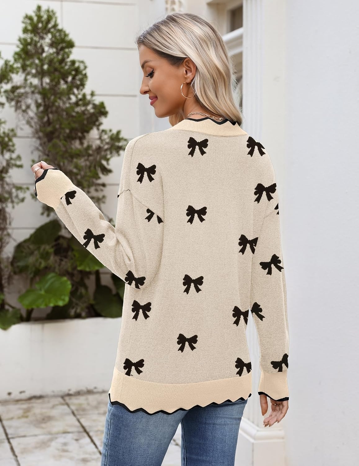image:imageZeagoo Womens 2026 Fall V Neck Sweater Long Sleeve Lightweight Knit TopsZ Bow Black