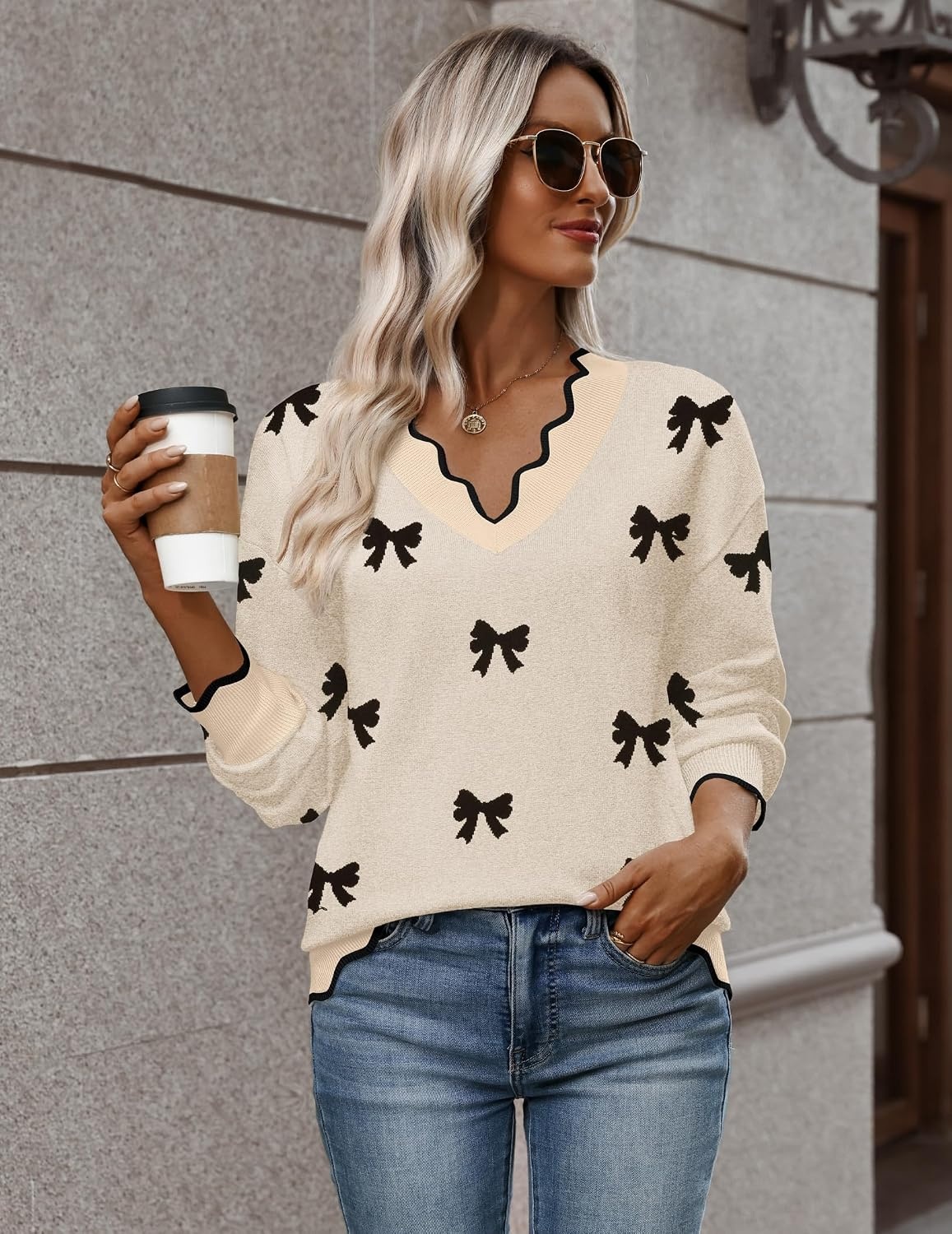 image:imageZeagoo Womens 2026 Fall V Neck Sweater Long Sleeve Lightweight Knit TopsZ Bow Black