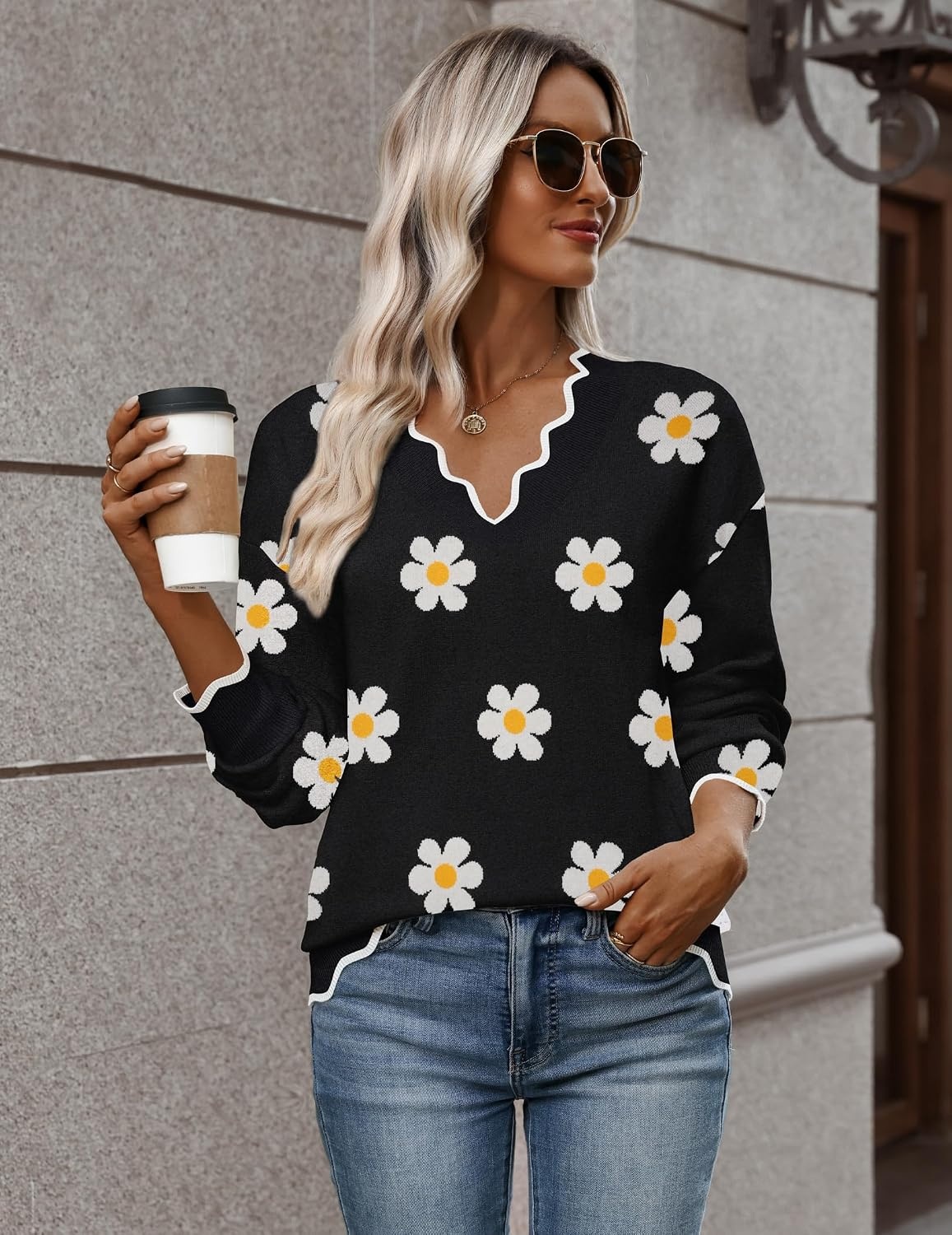 image:imageZeagoo Womens 2026 Fall V Neck Sweater Long Sleeve Lightweight Knit TopsZ Flower Black