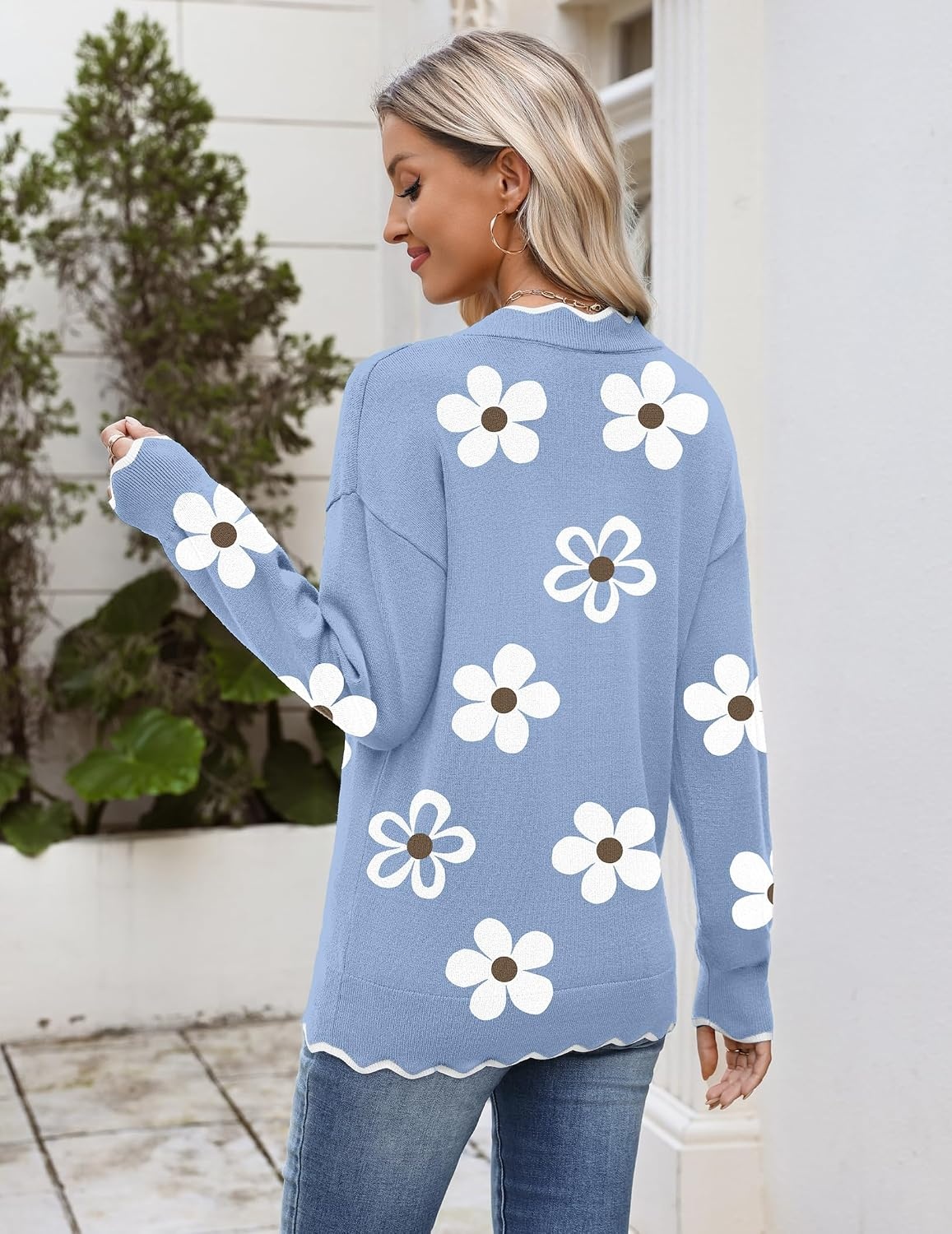 image:imageZeagoo Womens 2026 Fall V Neck Sweater Long Sleeve Lightweight Knit TopsZ Flower Blue