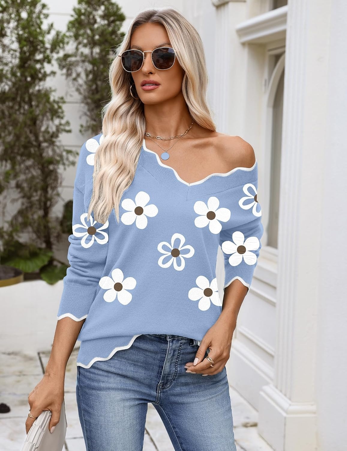 image:imageZeagoo Womens 2026 Fall V Neck Sweater Long Sleeve Lightweight Knit TopsZ Flower Blue