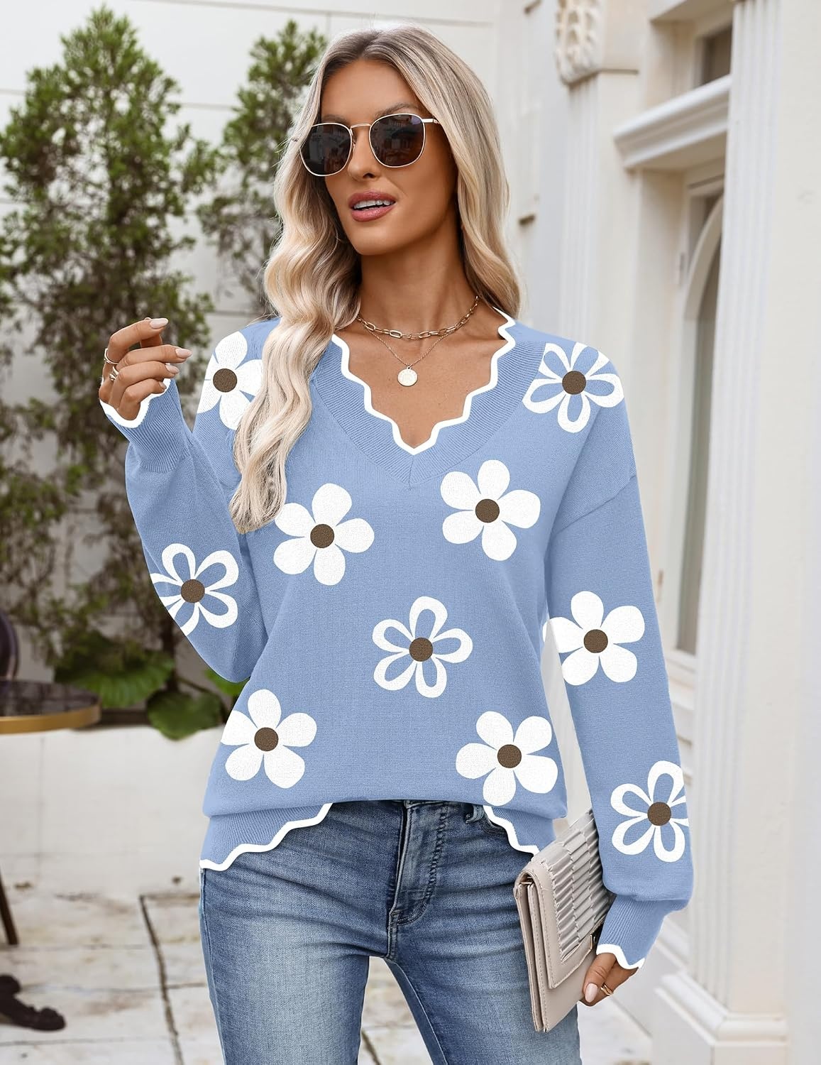 image:imageZeagoo Womens 2026 Fall V Neck Sweater Long Sleeve Lightweight Knit TopsZ Flower Blue