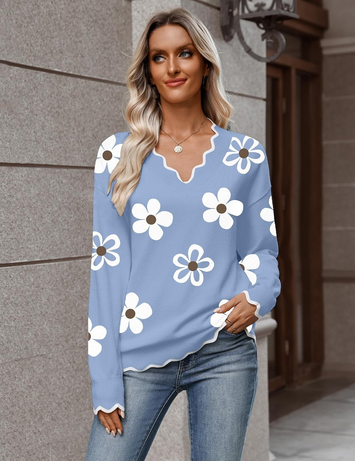 image:imageZeagoo Womens 2026 Fall V Neck Sweater Long Sleeve Lightweight Knit TopsZ Flower Blue