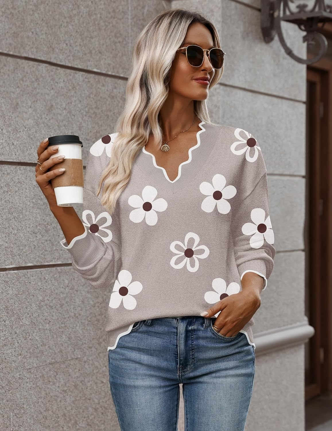 image:imageZeagoo Womens 2026 Fall V Neck Sweater Long Sleeve Lightweight Knit TopsZ Flower White