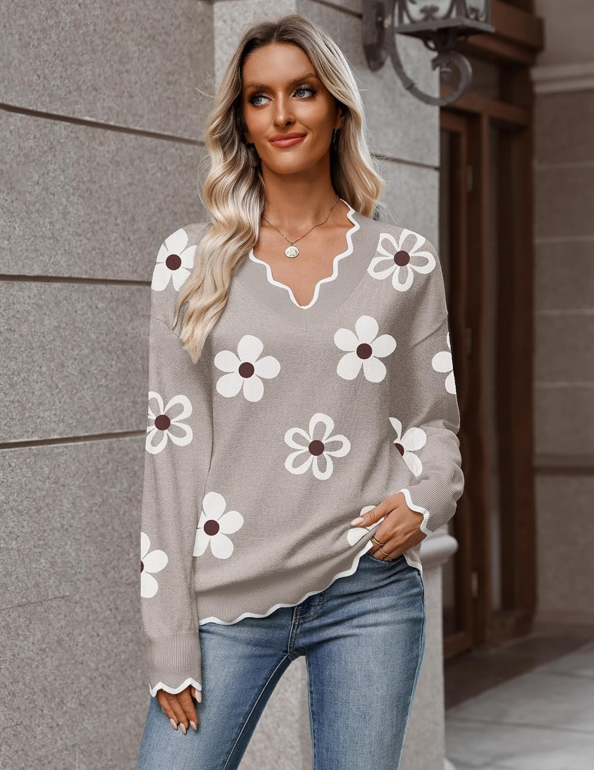 image:imageZeagoo Womens 2026 Fall V Neck Sweater Long Sleeve Lightweight Knit TopsZ Flower White