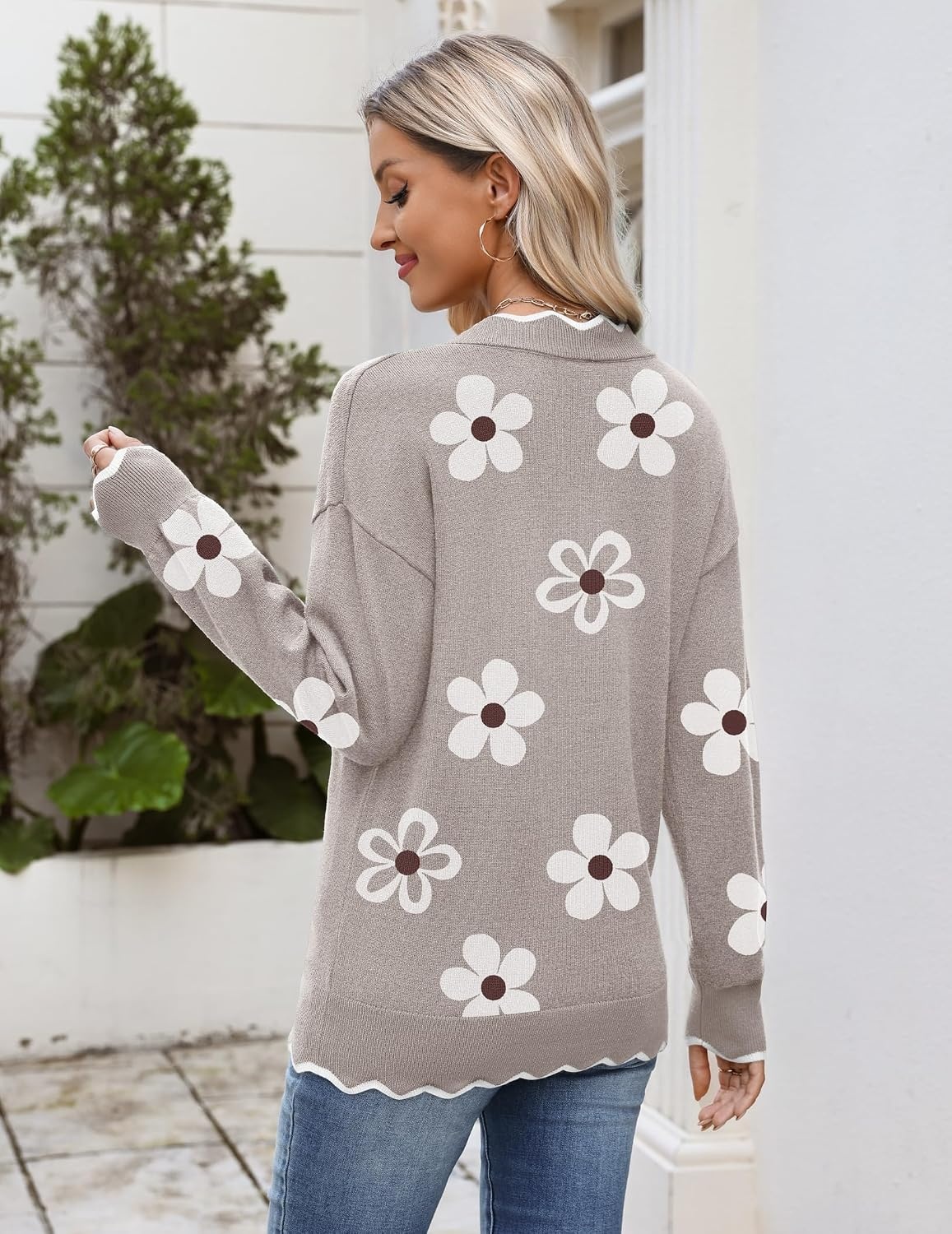 image:imageZeagoo Womens 2026 Fall V Neck Sweater Long Sleeve Lightweight Knit TopsZ Flower White