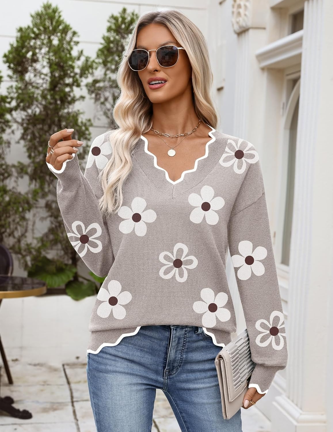 image:imageZeagoo Womens 2026 Fall V Neck Sweater Long Sleeve Lightweight Knit TopsZ Flower White