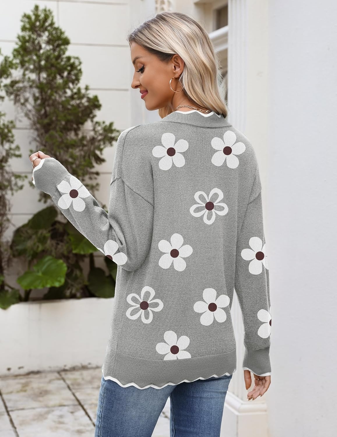 image:imageZeagoo Womens 2026 Fall V Neck Sweater Long Sleeve Lightweight Knit TopsZ Flowers Grey