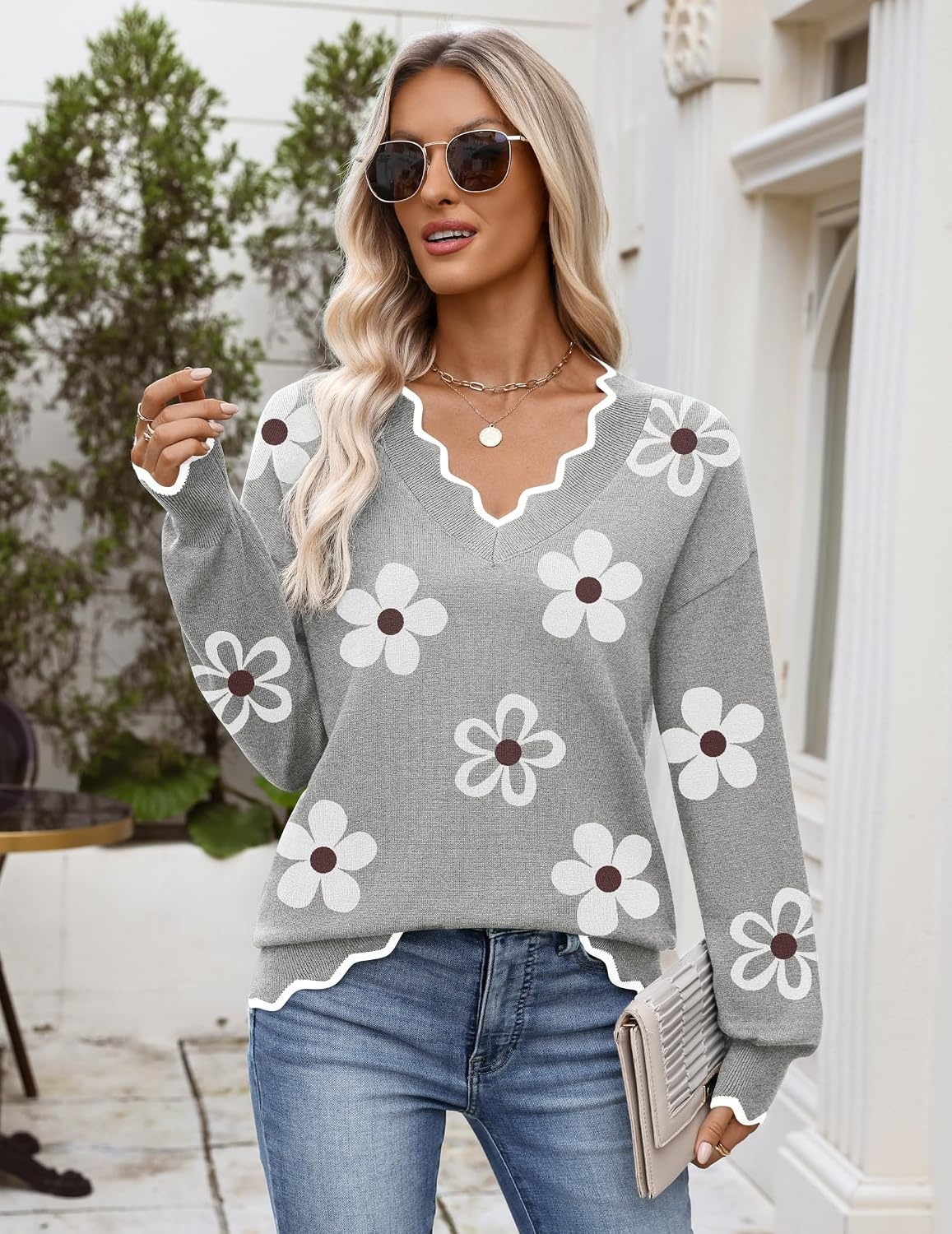 image:imageZeagoo Womens 2026 Fall V Neck Sweater Long Sleeve Lightweight Knit TopsZ Flowers Grey