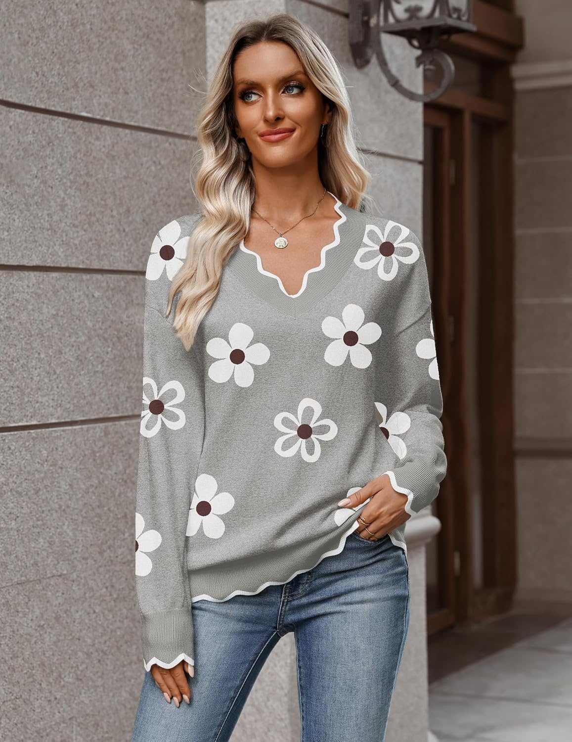 image:imageZeagoo Womens 2026 Fall V Neck Sweater Long Sleeve Lightweight Knit TopsZ Flowers Grey