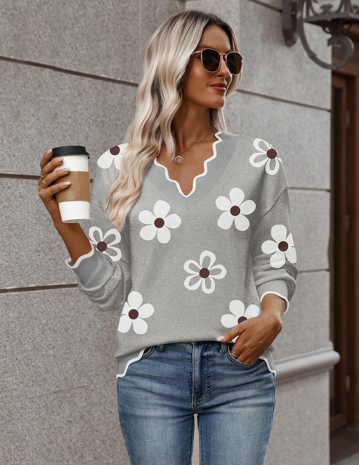 image:imageZeagoo Womens 2026 Fall V Neck Sweater Long Sleeve Lightweight Knit TopsZ Flowers Grey