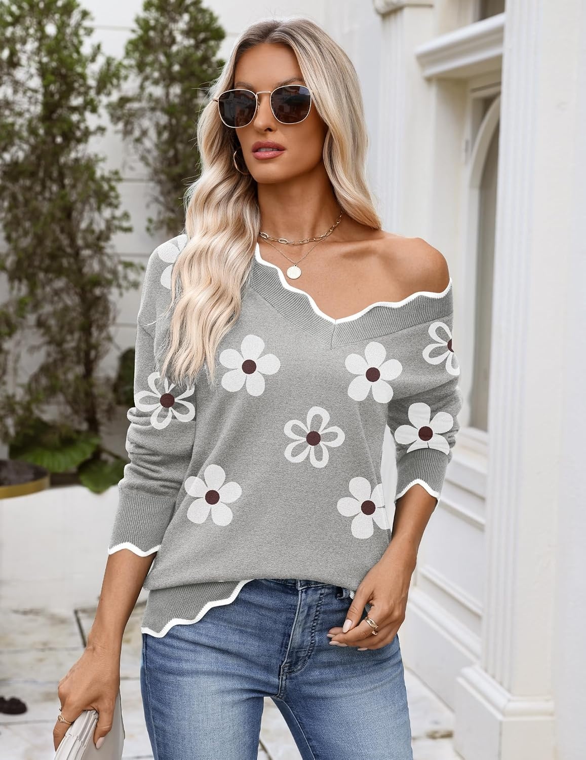 image:imageZeagoo Womens 2026 Fall V Neck Sweater Long Sleeve Lightweight Knit TopsZ Flowers Grey