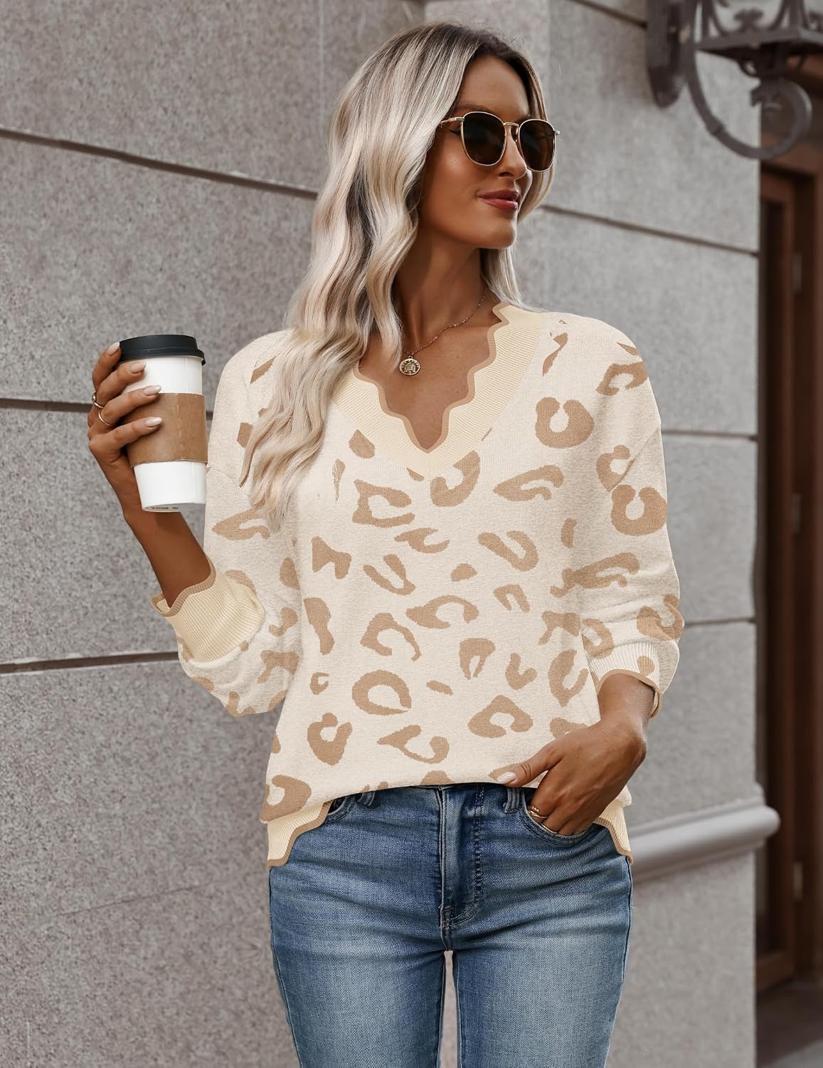 image:imageZeagoo Womens 2026 Fall V Neck Sweater Long Sleeve Lightweight Knit TopsZ Leopard Print