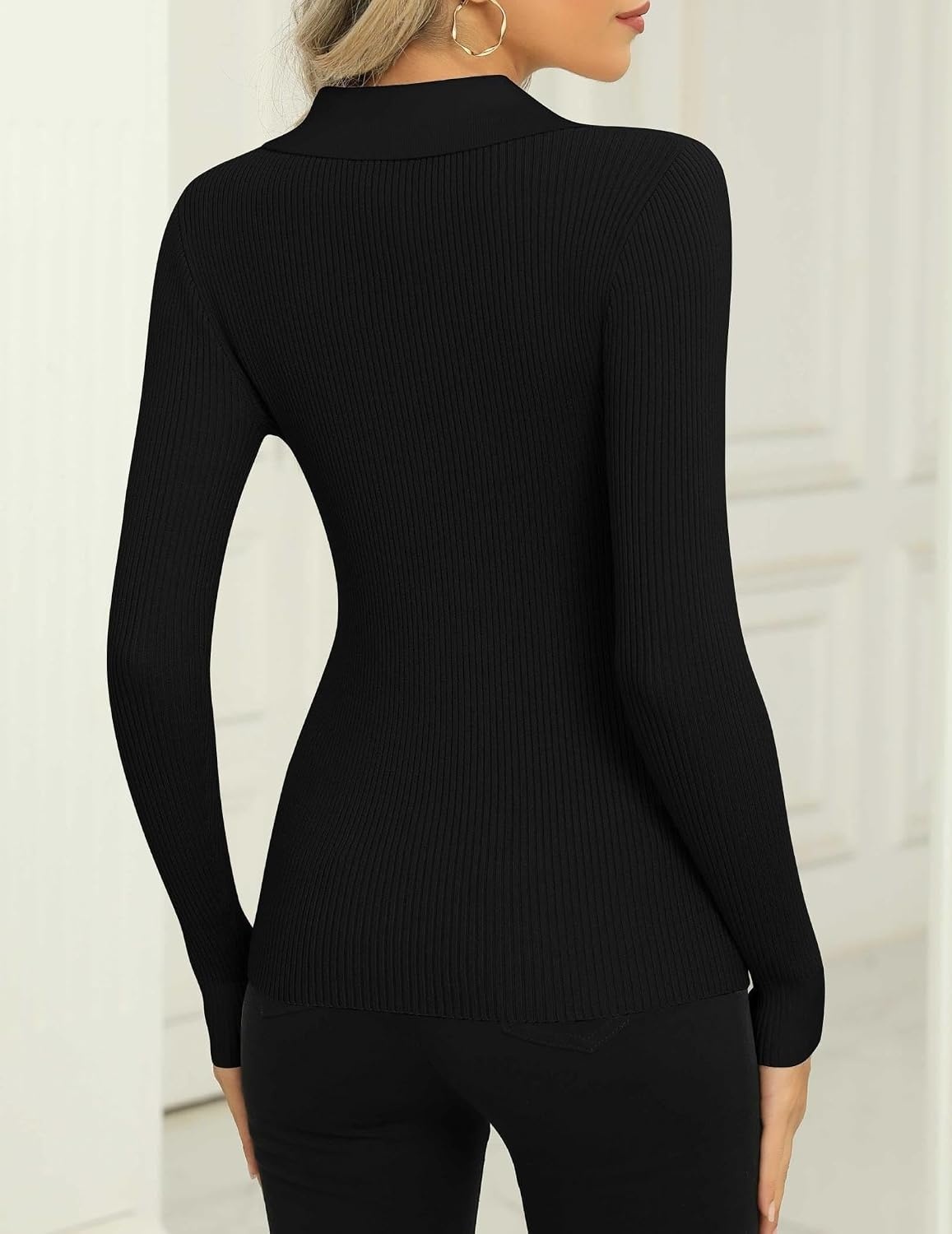 image:imageZeagoo Womens 2026 Sweater Tops Long Sleeve V Neck Ribbed Knit Slim Fitted Casual Work Basic Shirts SXXLBlack