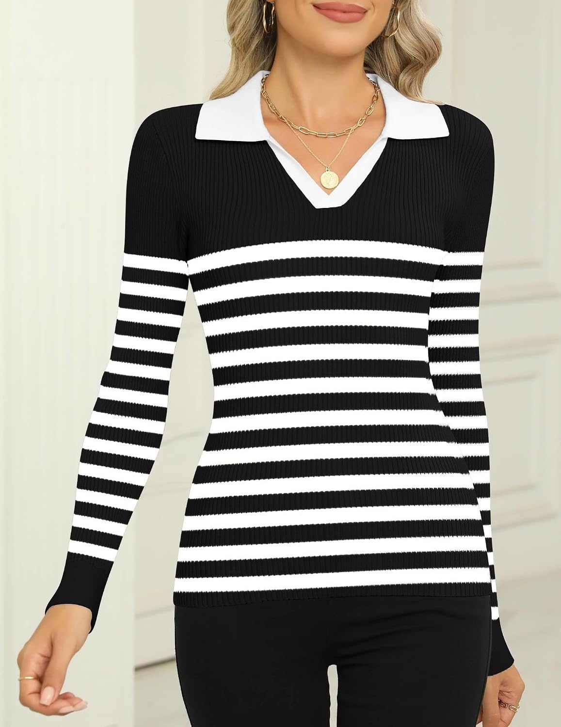 image:imageZeagoo Womens 2026 Sweater Tops Long Sleeve V Neck Ribbed Knit Slim Fitted Casual Work Basic Shirts SXXLBlack White Stripe