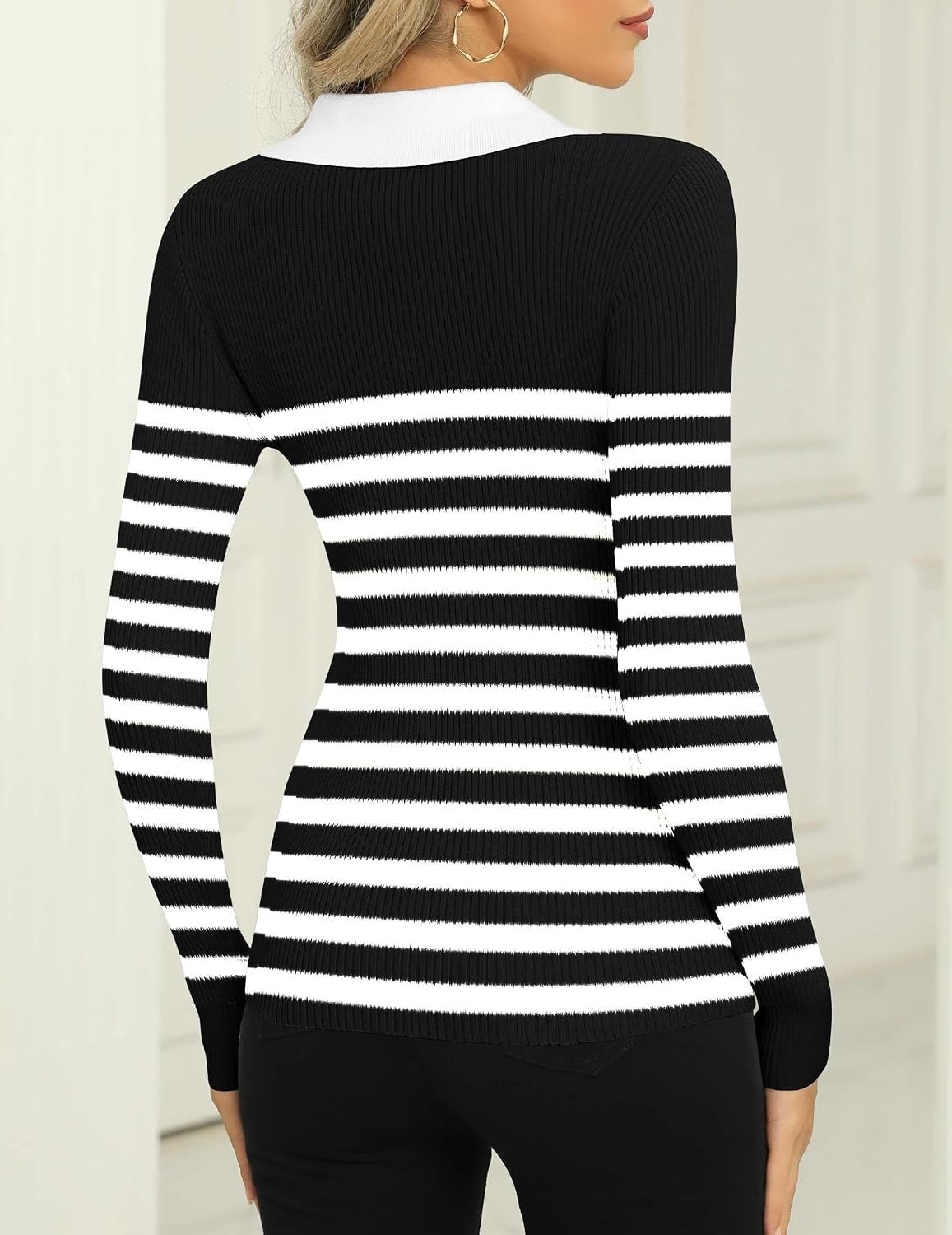 image:imageZeagoo Womens 2026 Sweater Tops Long Sleeve V Neck Ribbed Knit Slim Fitted Casual Work Basic Shirts SXXLBlack White Stripe